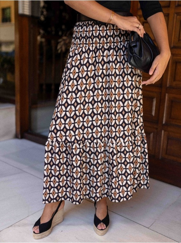 Women’s Ins Influencer Style Print Shirred Elastic Waist Flared Long Skirt
