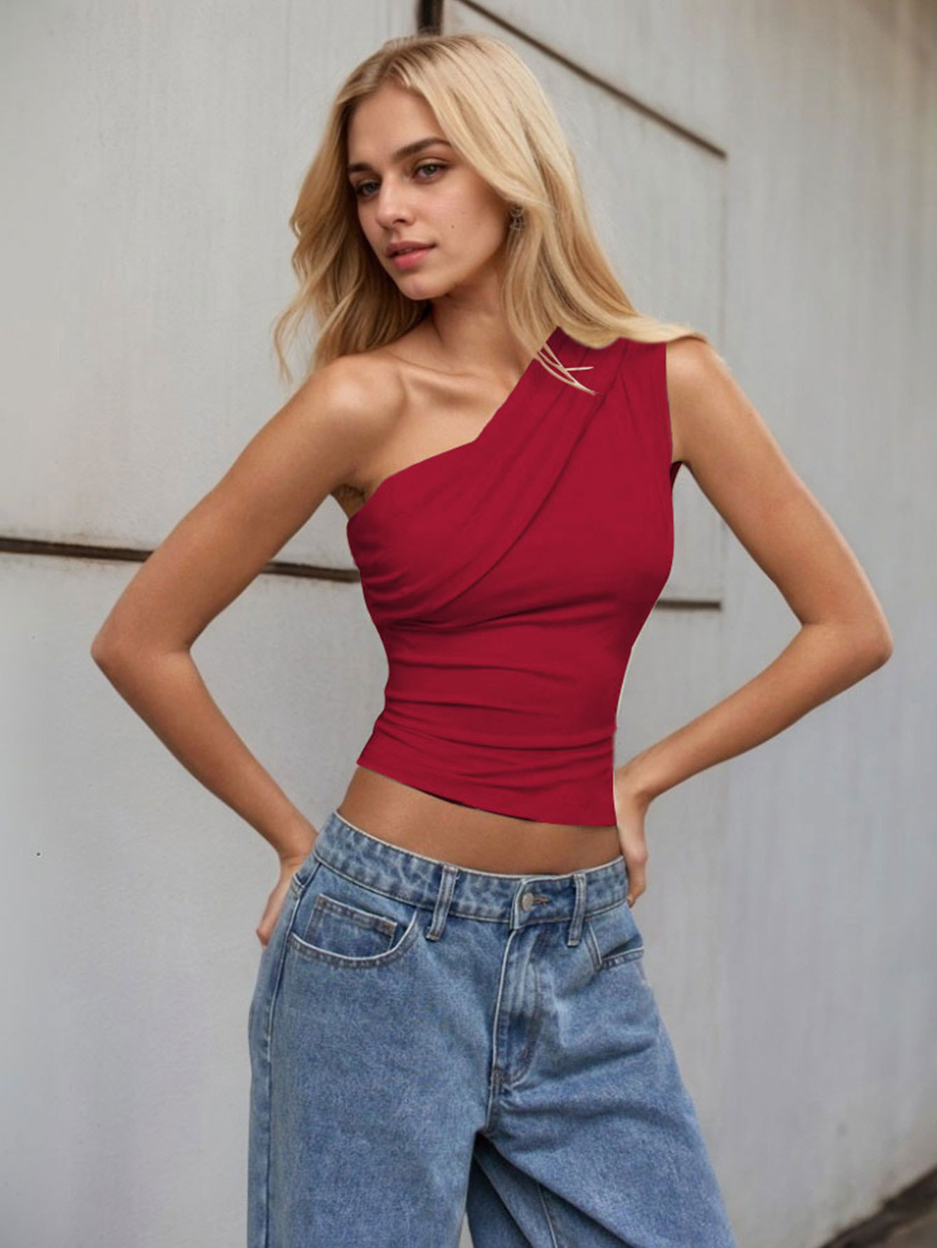 Ins Bestseller Cross-Border Women’s Sexy One-Shoulder T-Shirt – Spring/Summer New Arrival Asymmetric Off-Shoulder Pure & Flirty Top