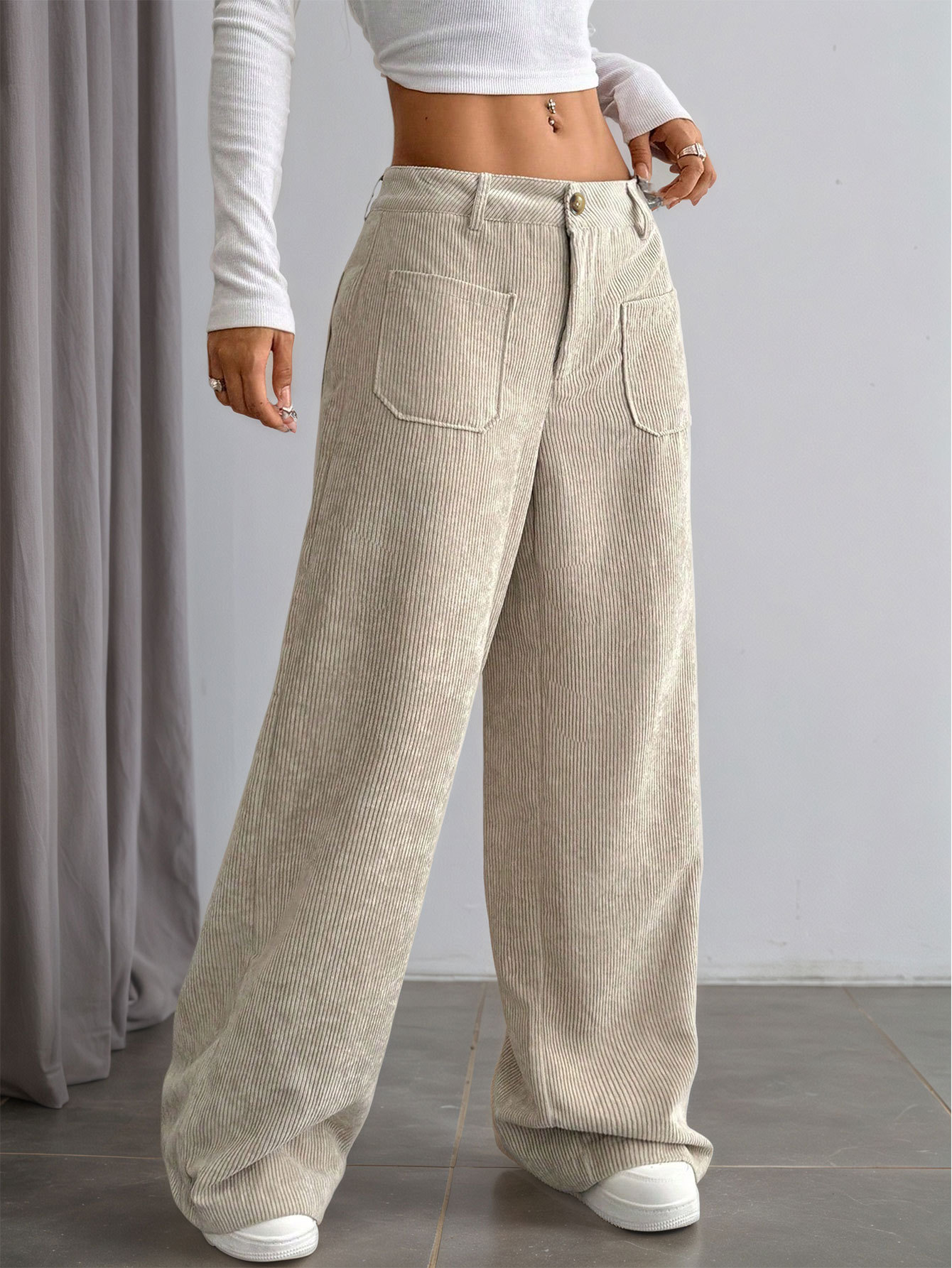 Women’s Corduroy Spring/Summer Dark Brown Vertical Stripe High-Waist Wide-Leg Loose Slimming Casual Pants