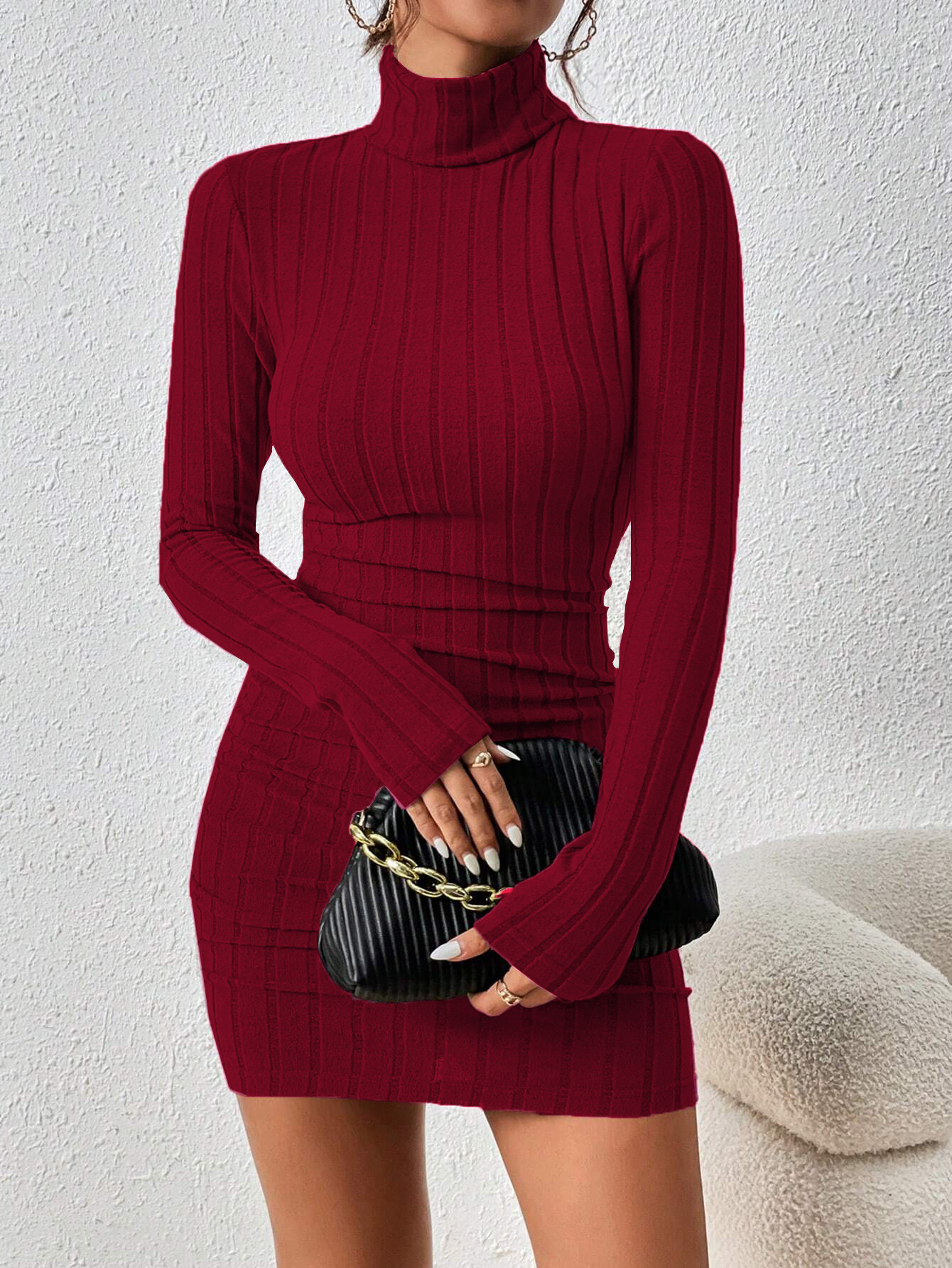 Women’s 2026 European & American Cool Chic Style Burgundy Dress – Fall/Winter Minimalist High-Neck Versatile Short Dress