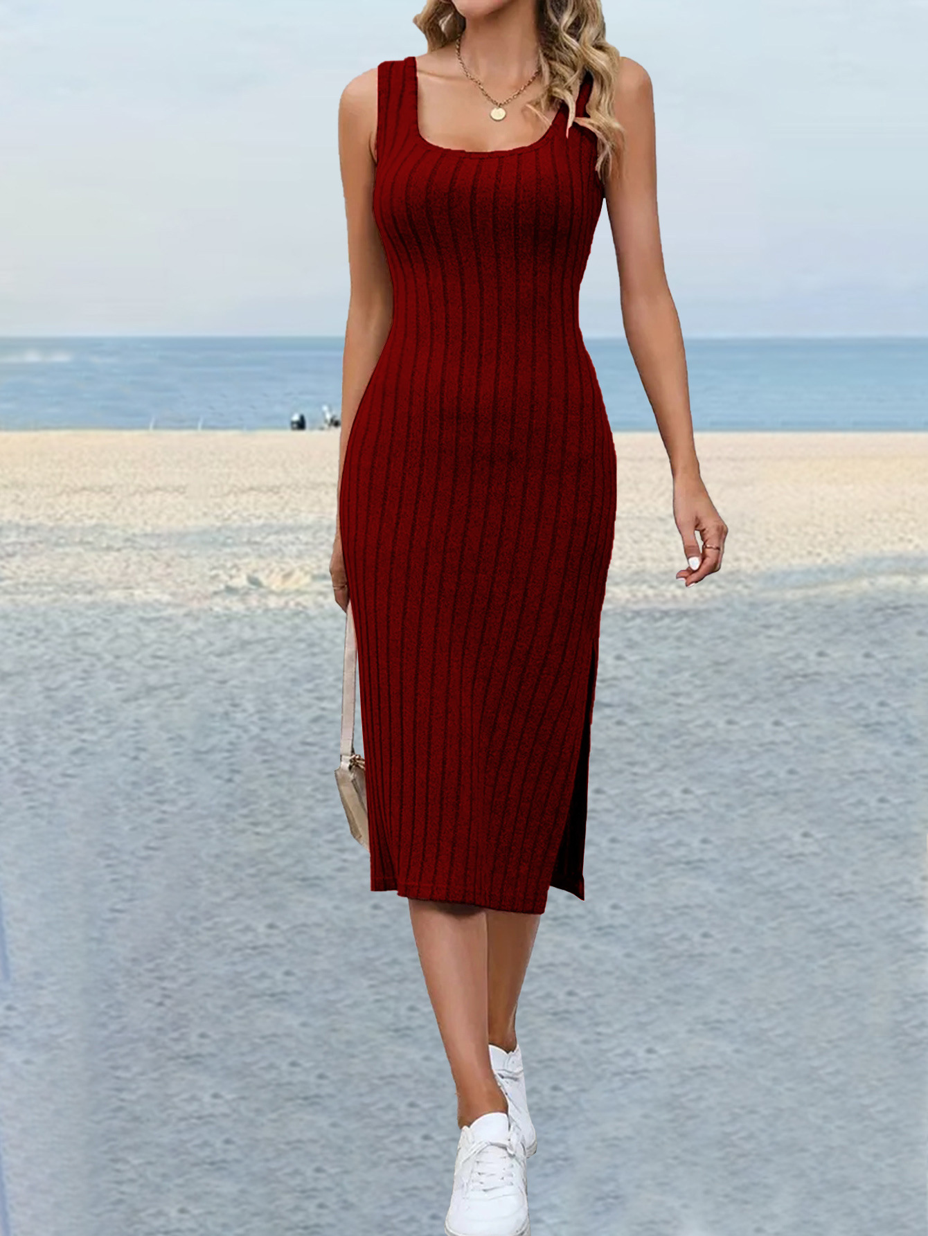 Women’s 2026 New Arrival Sexy Hot Girl Ribbed Designer Side Slit Slimming Dress