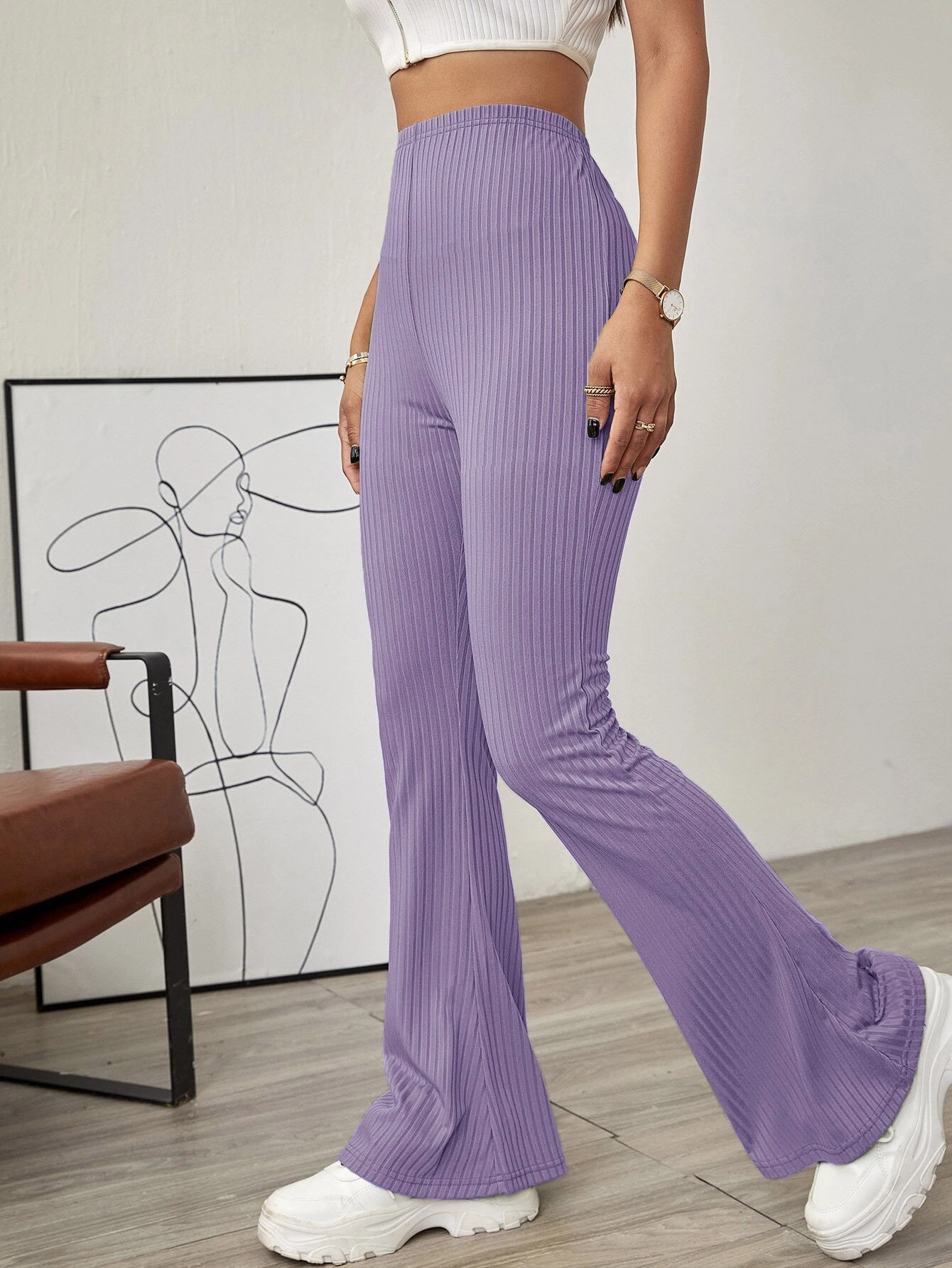 Women’s Spring/Summer New Arrival Elegant High-Waist Slimming Beltless Micro-Flared Knit Casual Flared Long Pants