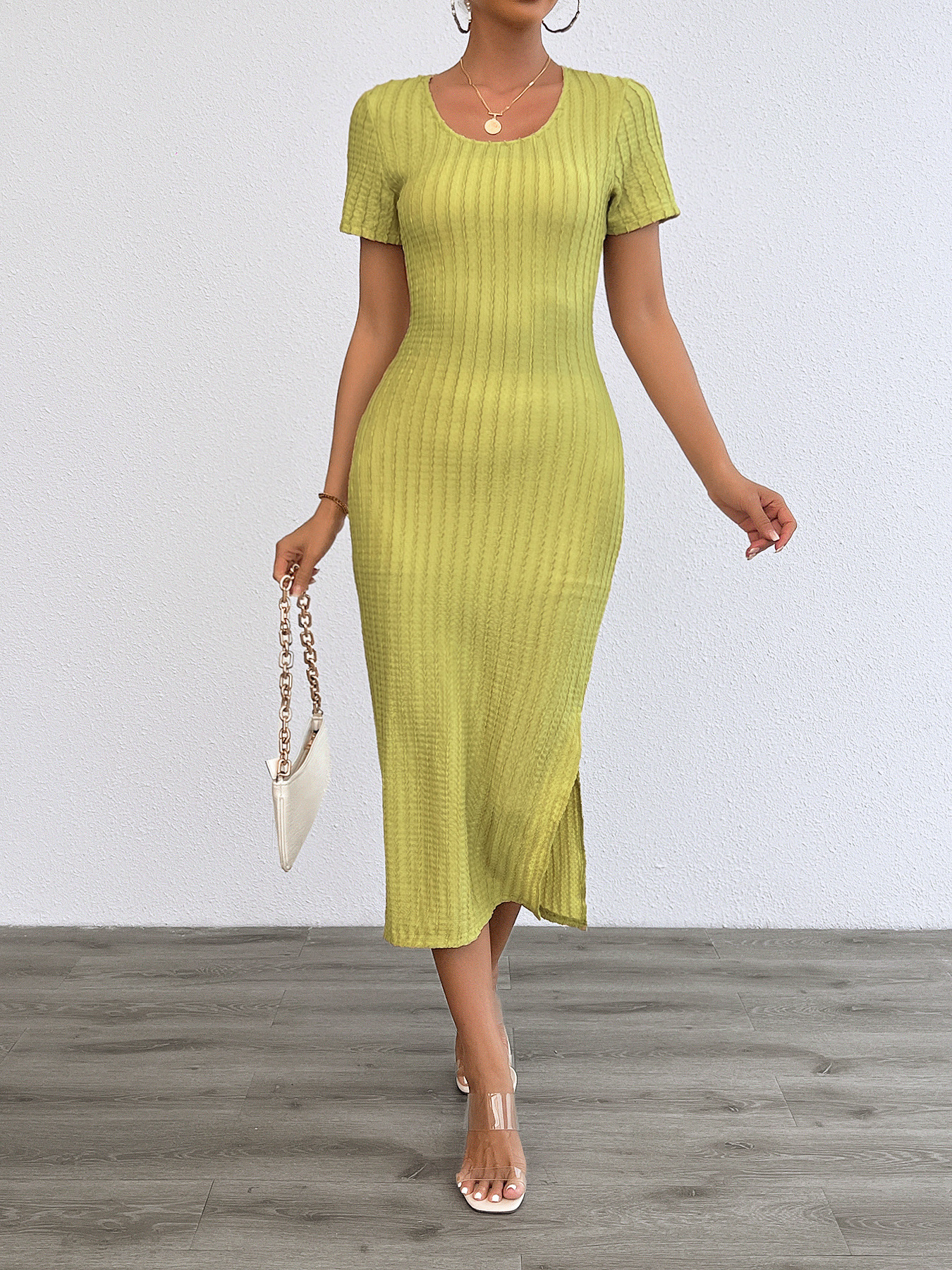 Women’s Spring/Summer New Arrival Fashion Casual Solid Round Neck Slim-Fit Dress