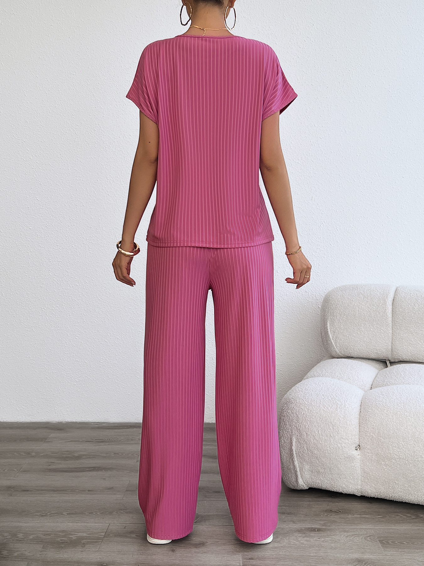 Women’s Summer Casual Fashion Two-Piece Set – Bestseller Ribbed Long Pants Lounge Set with Thousand-Leaf Pleat