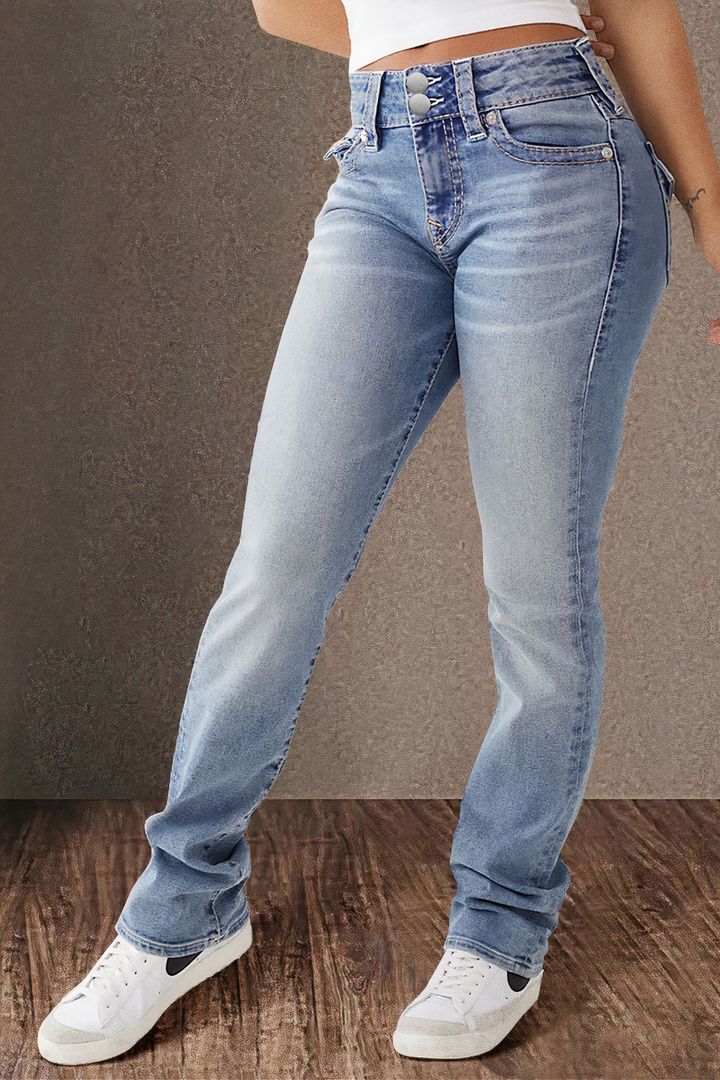 Women’s Spring/Summer Mid-Rise Double Button Straight-Leg Slim-Fit Jeans – Elegant Long Denim Pants