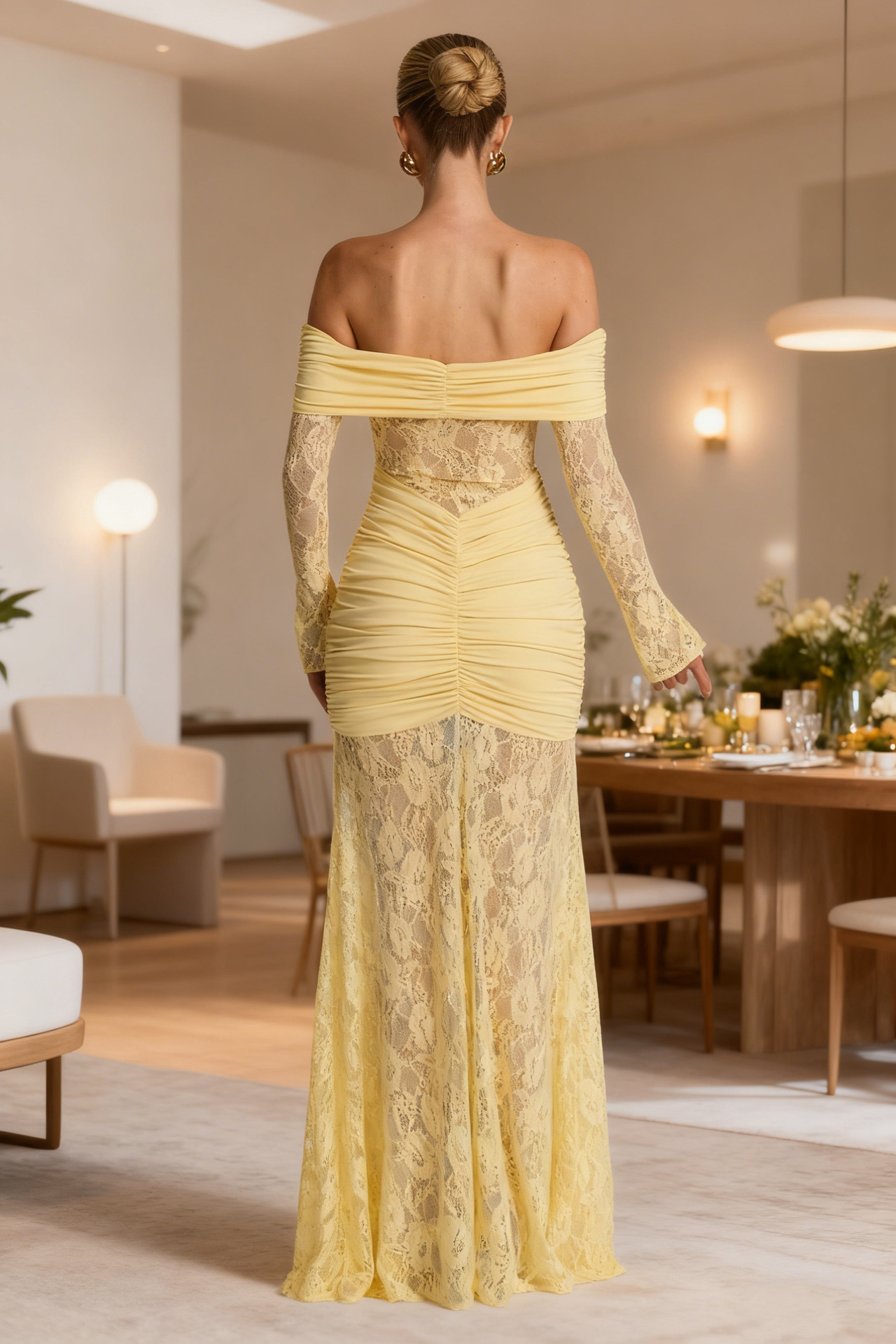 Women’s Elegant Lace Off-Shoulder Long Sleeve Backless Slim-Fit Maxi Dress – Fashion Sexy Style