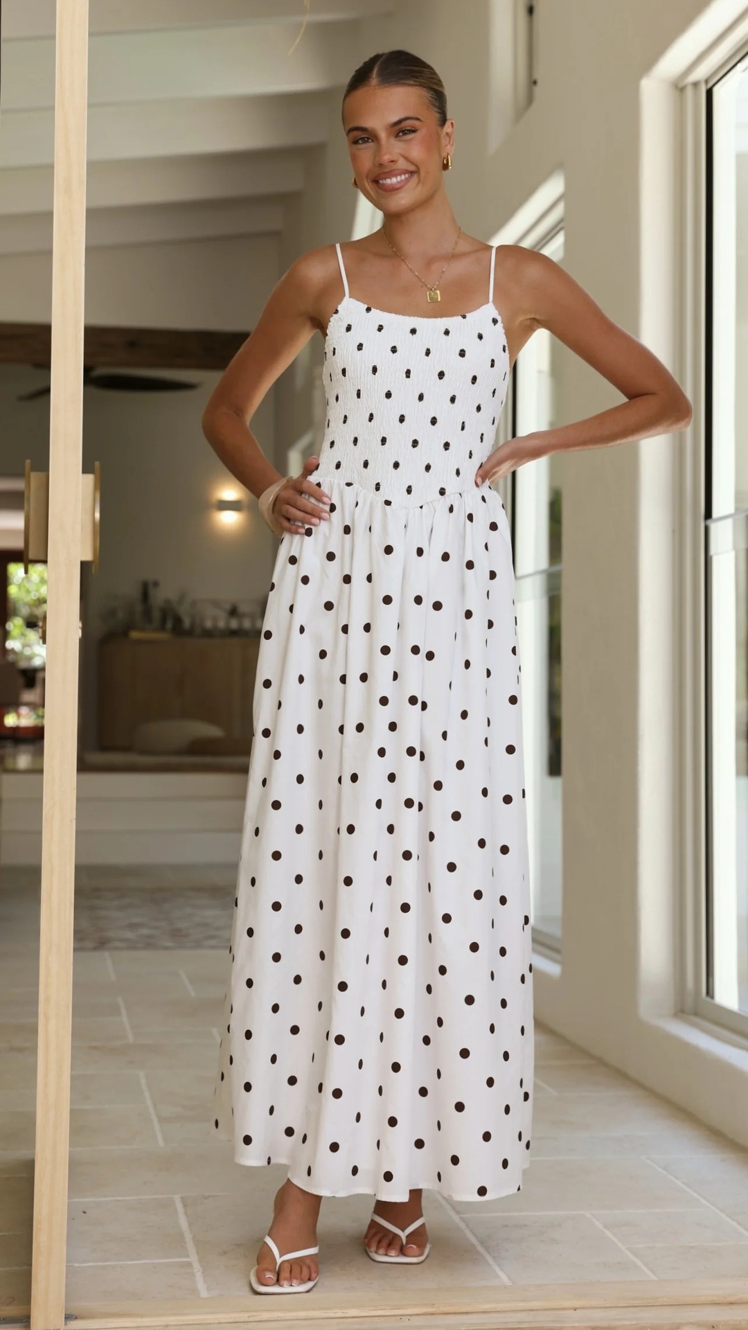 Women’s Spring/Summer New Arrival Polka Dot Print French Round Neck Waist-Cinching Camisole Flared Maxi Dress