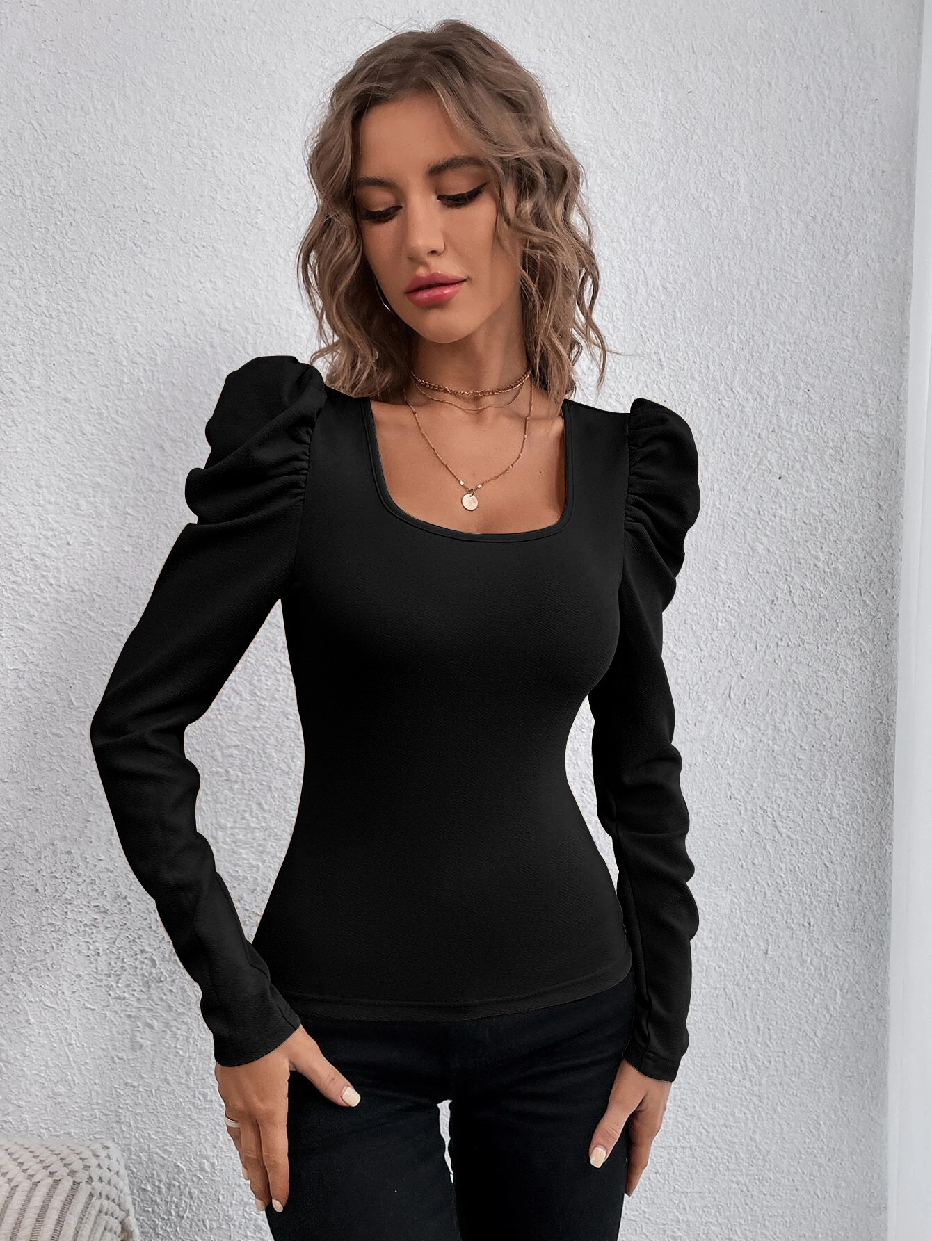 Women’s Fashion Square Neck Slim-Fit Leg-of-Mutton Sleeve Knit Long Sleeve T-Shirt – Commuter Top In Stock