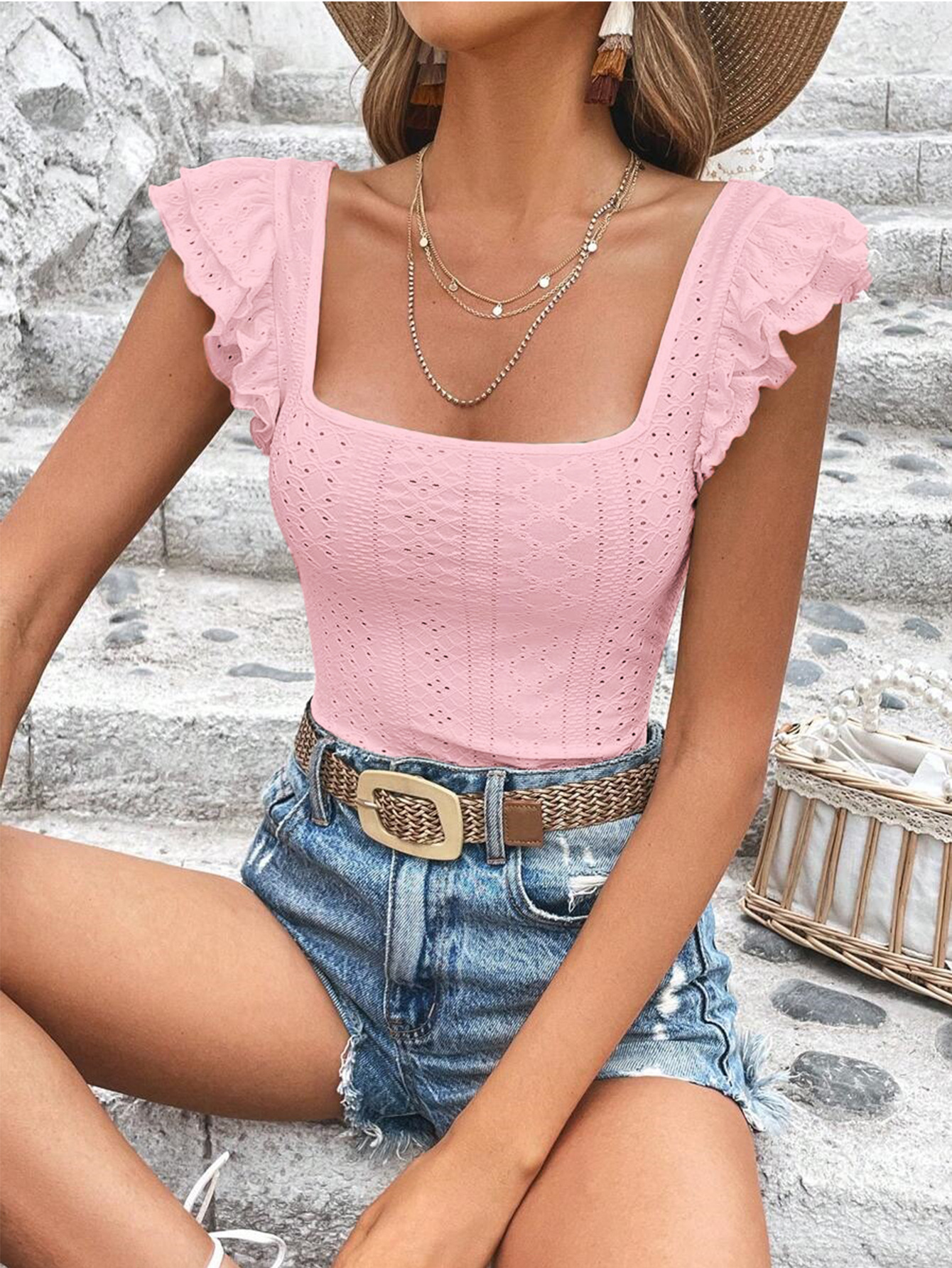 Women’s Summer New Arrival Square Neck Ruffled Slim-Fit T-Shirt