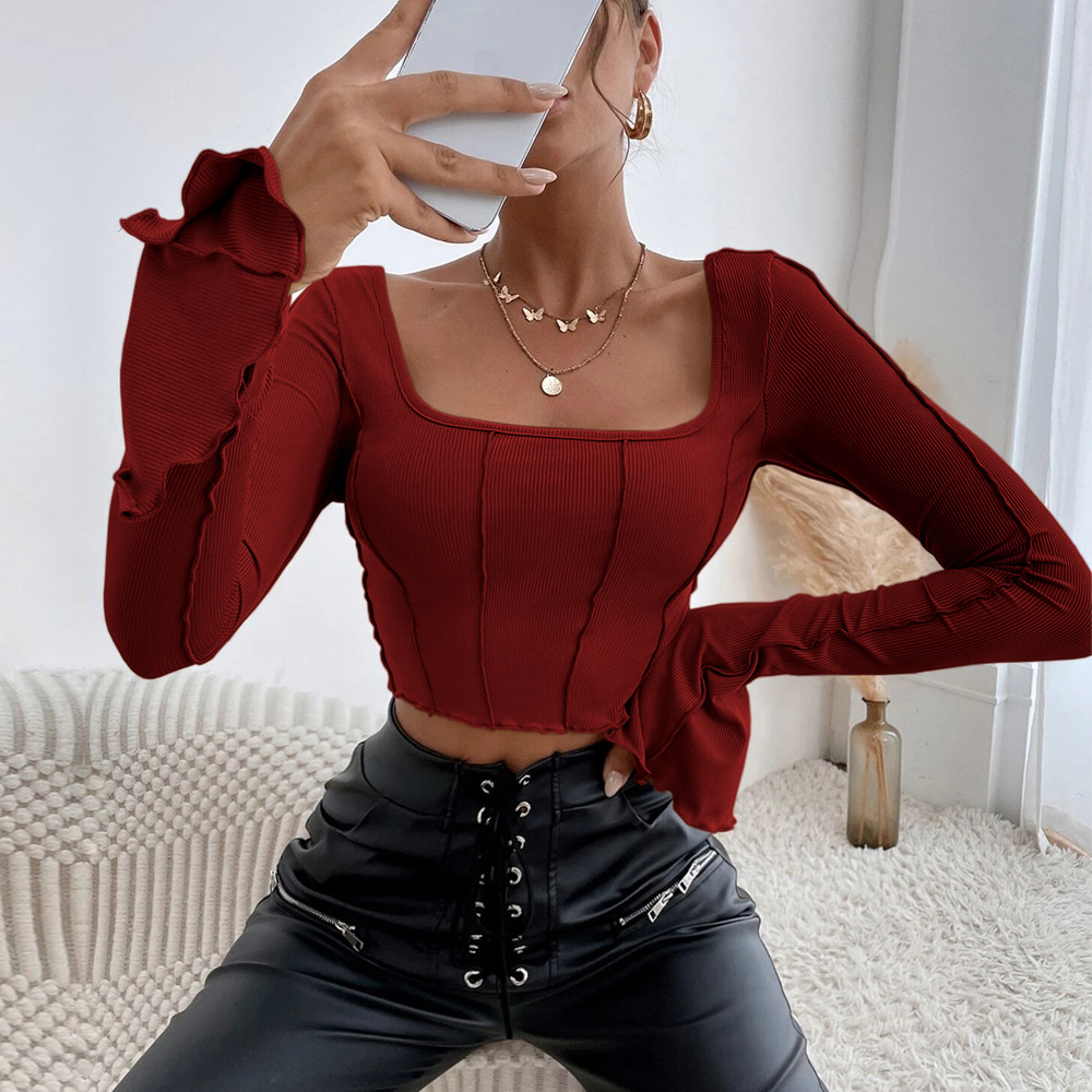 Women’s Spring/Summer 2026 New Arrival Slim-Fit Long Sleeve Square Neck Pullover Knit T-Shirt Top