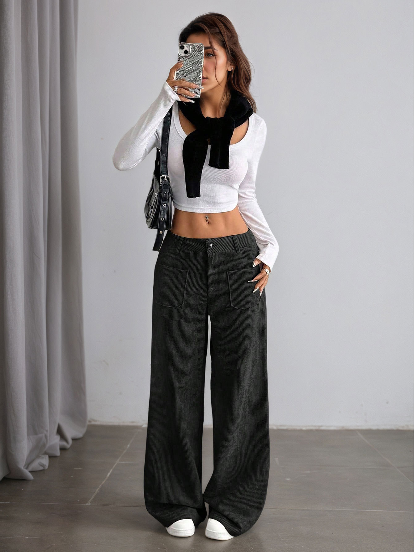 Women’s Corduroy Spring/Summer Dark Brown Vertical Stripe High-Waist Wide-Leg Loose Slimming Casual Pants