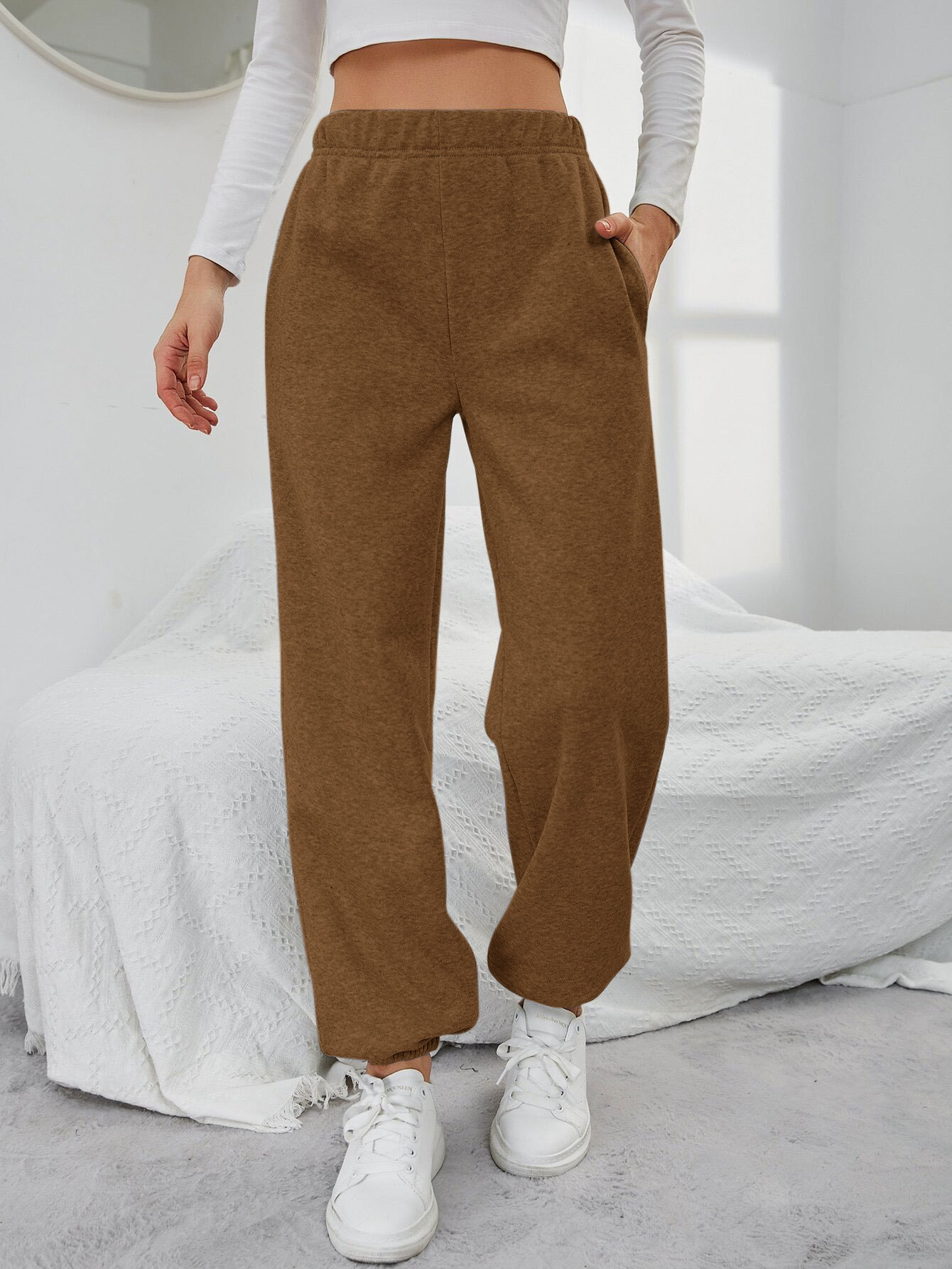 Women’s 2026 Minimalist Straight-Leg Casual Pants – Spring/Summer Pocket Design High-Waist Sport Fleece-Lined Long Pants