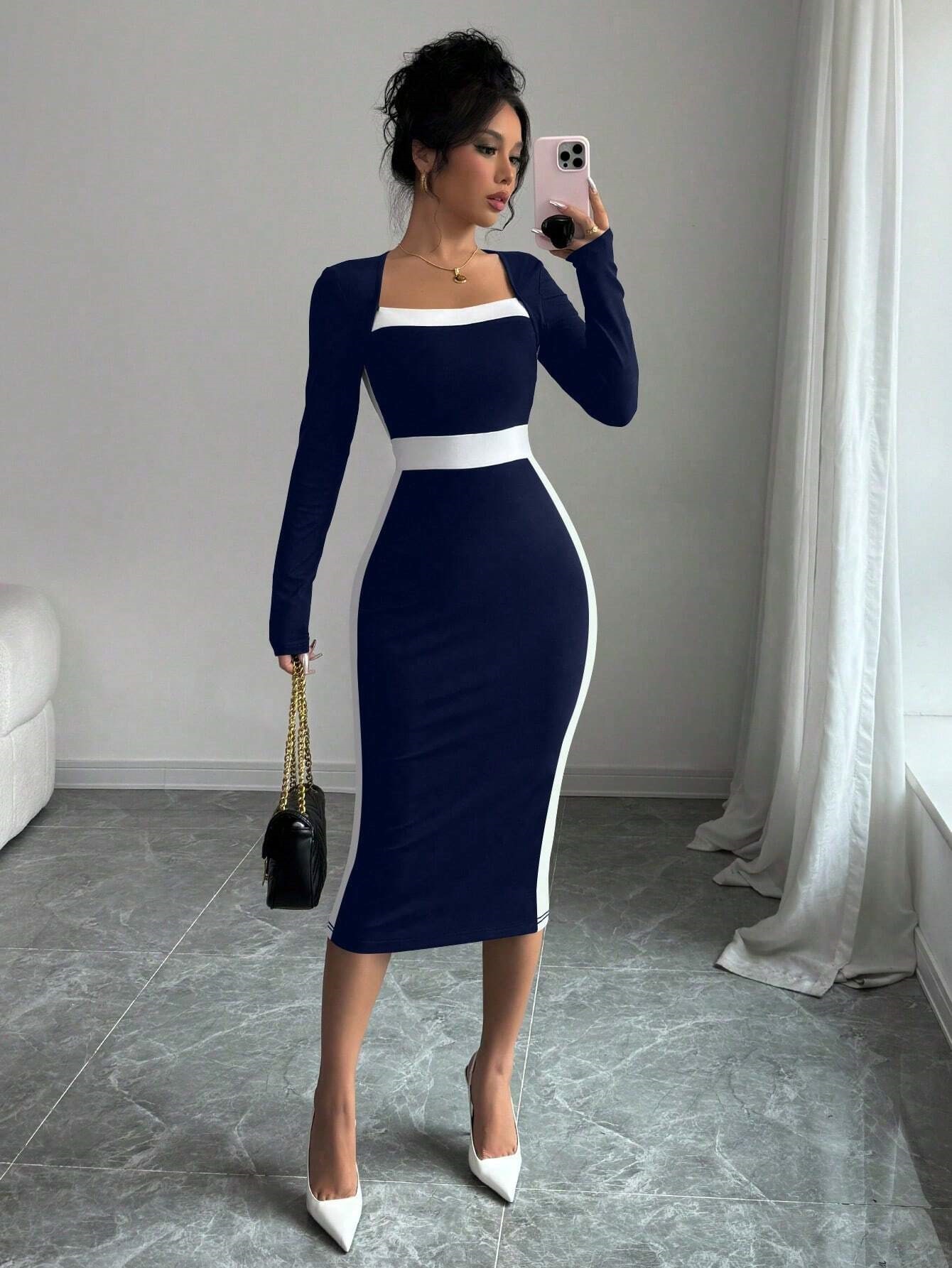 Women’s 2026 New Arrival Patchwork Color-Block Midi Dress – Sexy Bodycon Long Sleeve Dress