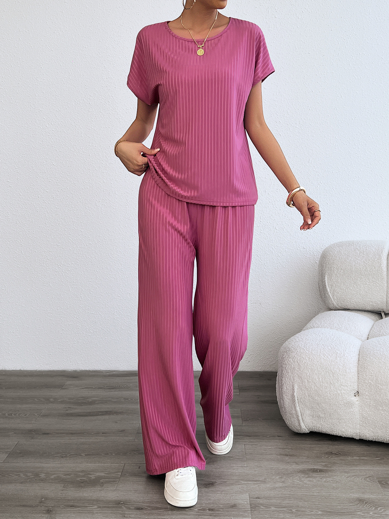 Women’s Summer Casual Fashion Two-Piece Set – Bestseller Ribbed Long Pants Lounge Set with Thousand-Leaf Pleat