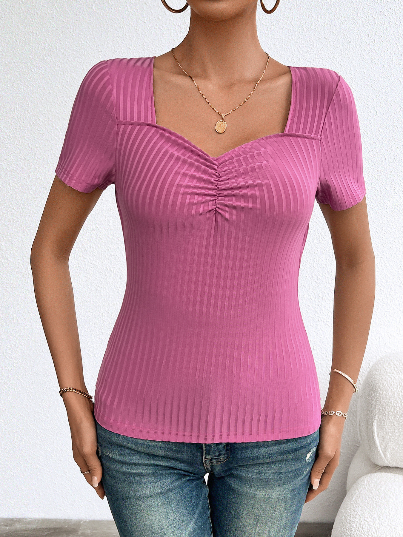 Summer Solid V-Neck Slim-Fit Short Sleeve T-Shirt