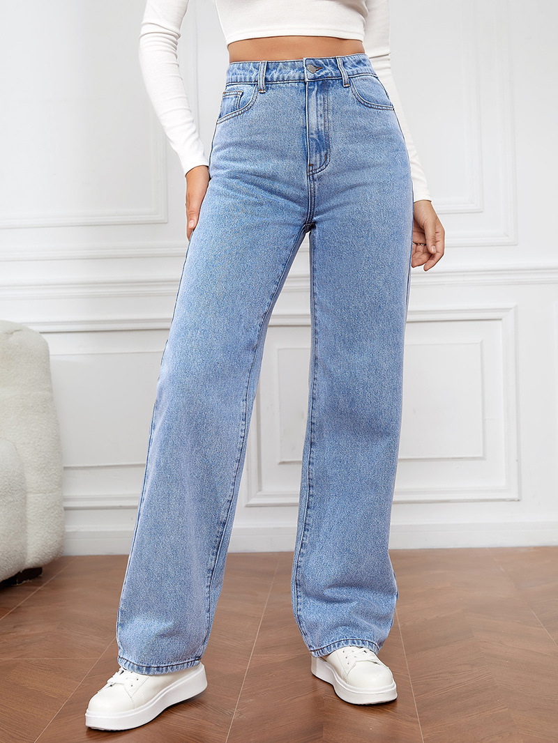 Women’s High-Waist Stretch Straight-Leg Long Jeans – Bestseller Washed Denim Fashion