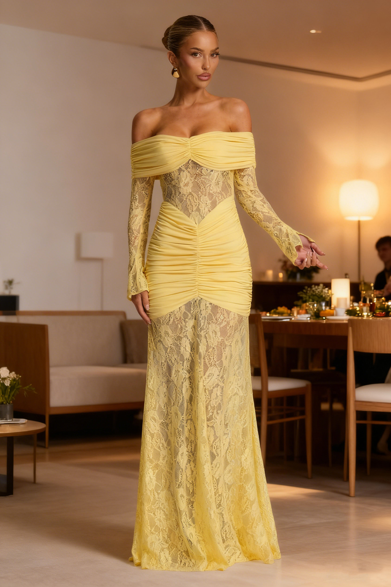 Women’s Elegant Lace Off-Shoulder Long Sleeve Backless Slim-Fit Maxi Dress – Fashion Sexy Style