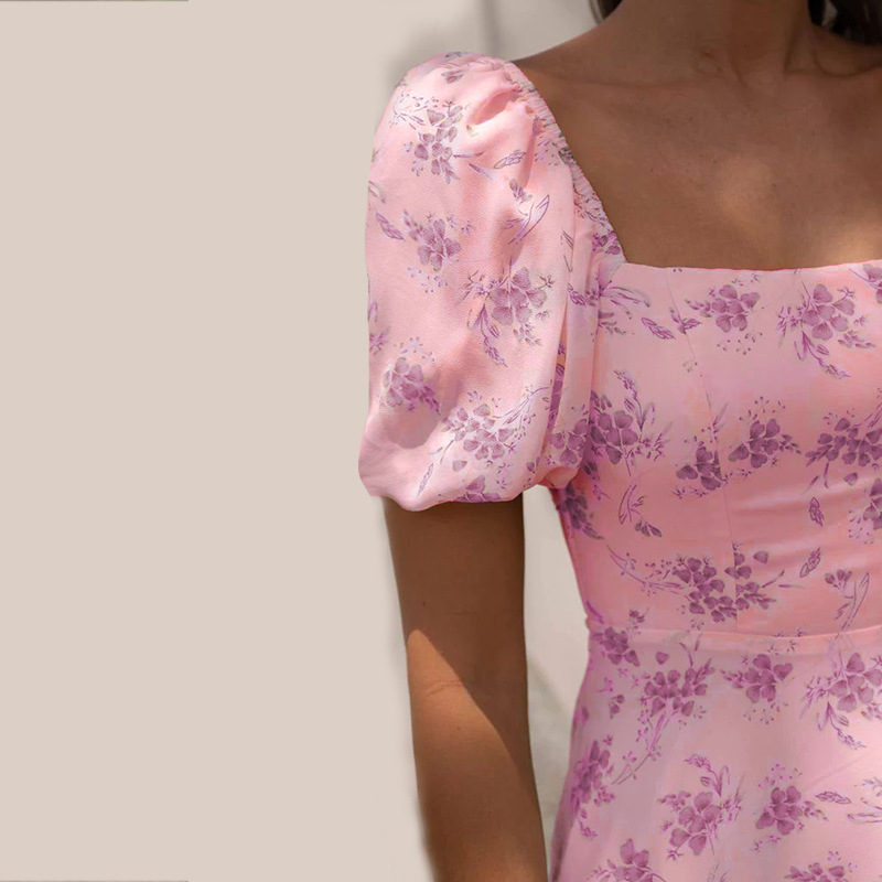 Women’s New Arrival Backless Hot Girl Spring Puff Sleeve Floral Dress – Slimming Light Luxury