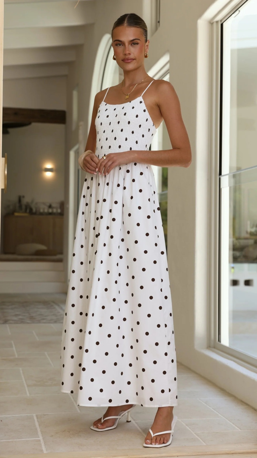 Women’s Spring/Summer New Arrival Polka Dot Print French Round Neck Waist-Cinching Camisole Flared Maxi Dress