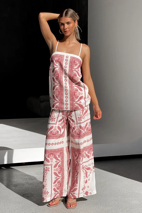 Women’s Placement Print Loose Casual Camisole Top + Wide-Leg Straight Pants Set