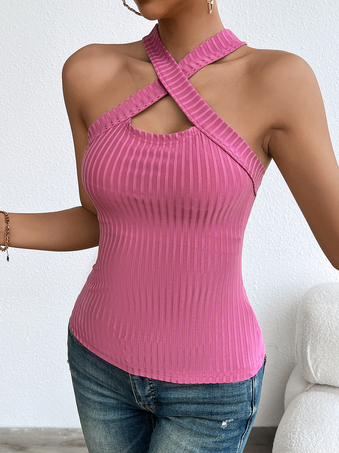 Women’s Halter Sleeveless Sanded Ribbed Knit Top – Fashionable & Versatile