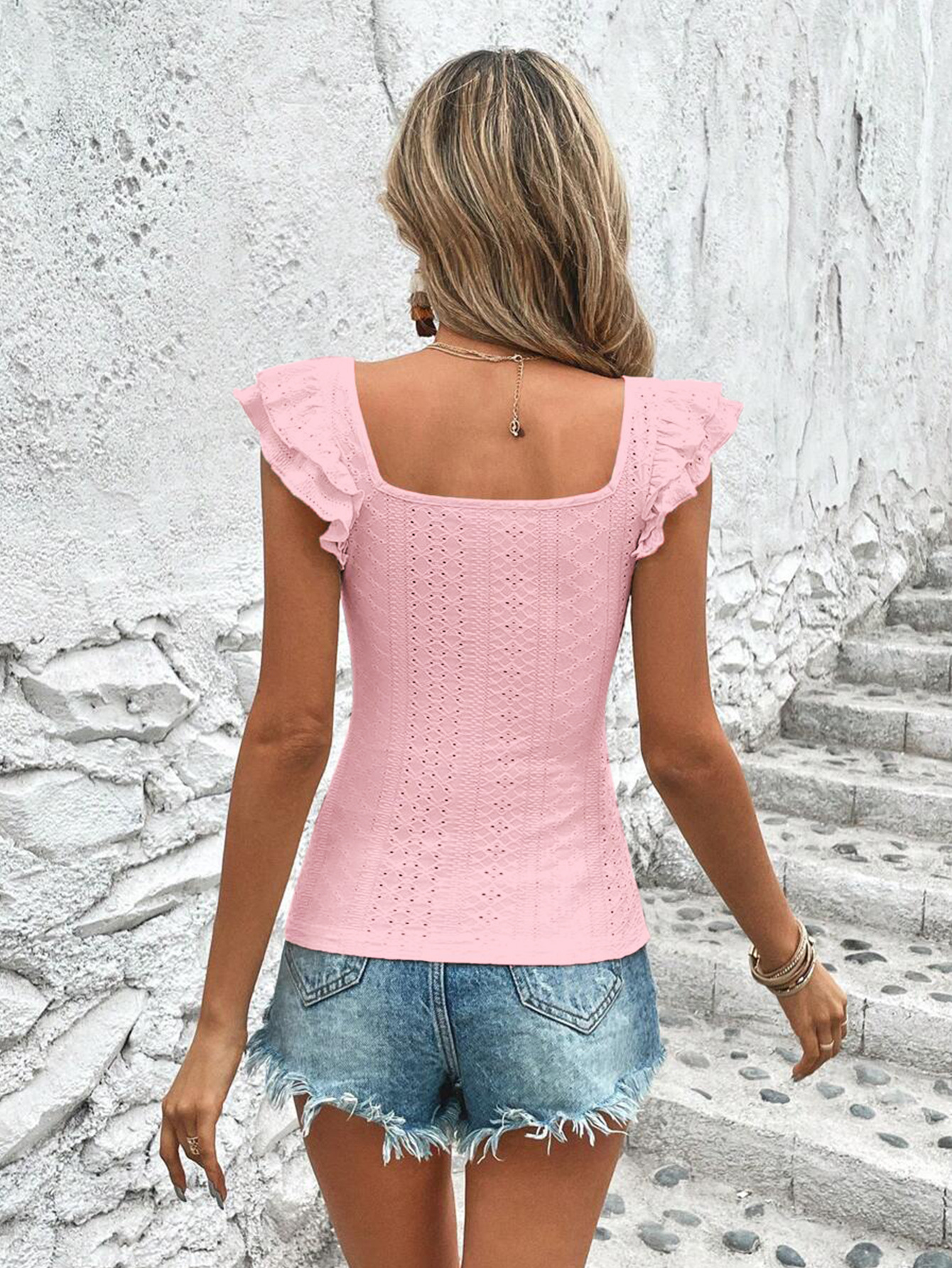 Women’s Summer New Arrival Square Neck Ruffled Slim-Fit T-Shirt