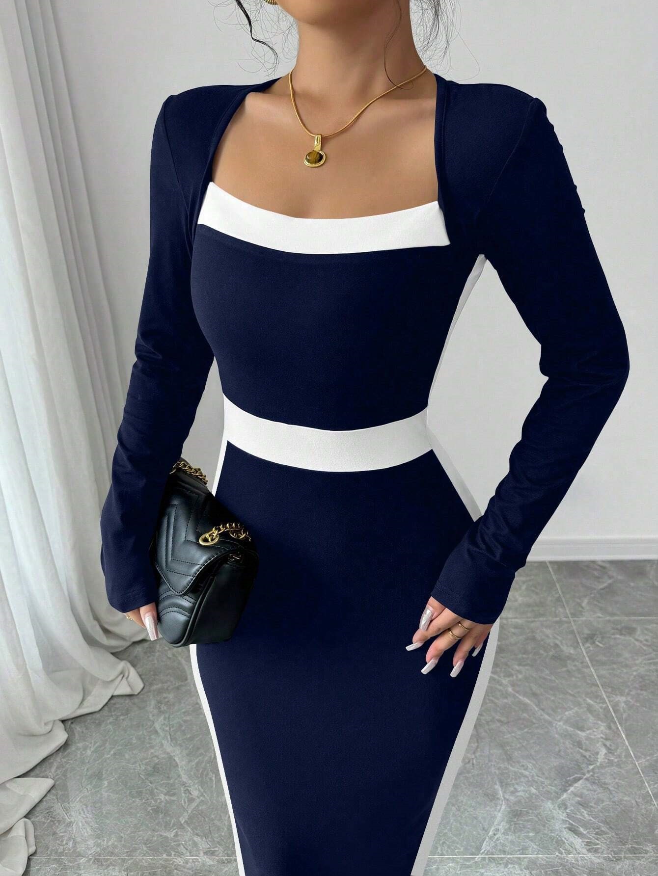 Women’s 2026 New Arrival Patchwork Color-Block Midi Dress – Sexy Bodycon Long Sleeve Dress