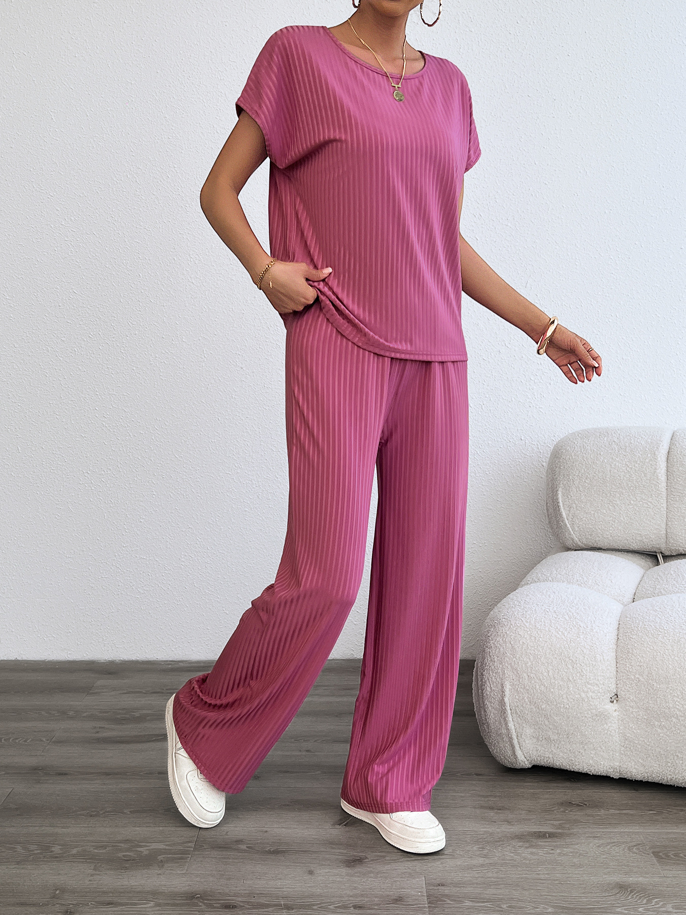 Women’s Summer Casual Fashion Two-Piece Set – Bestseller Ribbed Long Pants Lounge Set with Thousand-Leaf Pleat