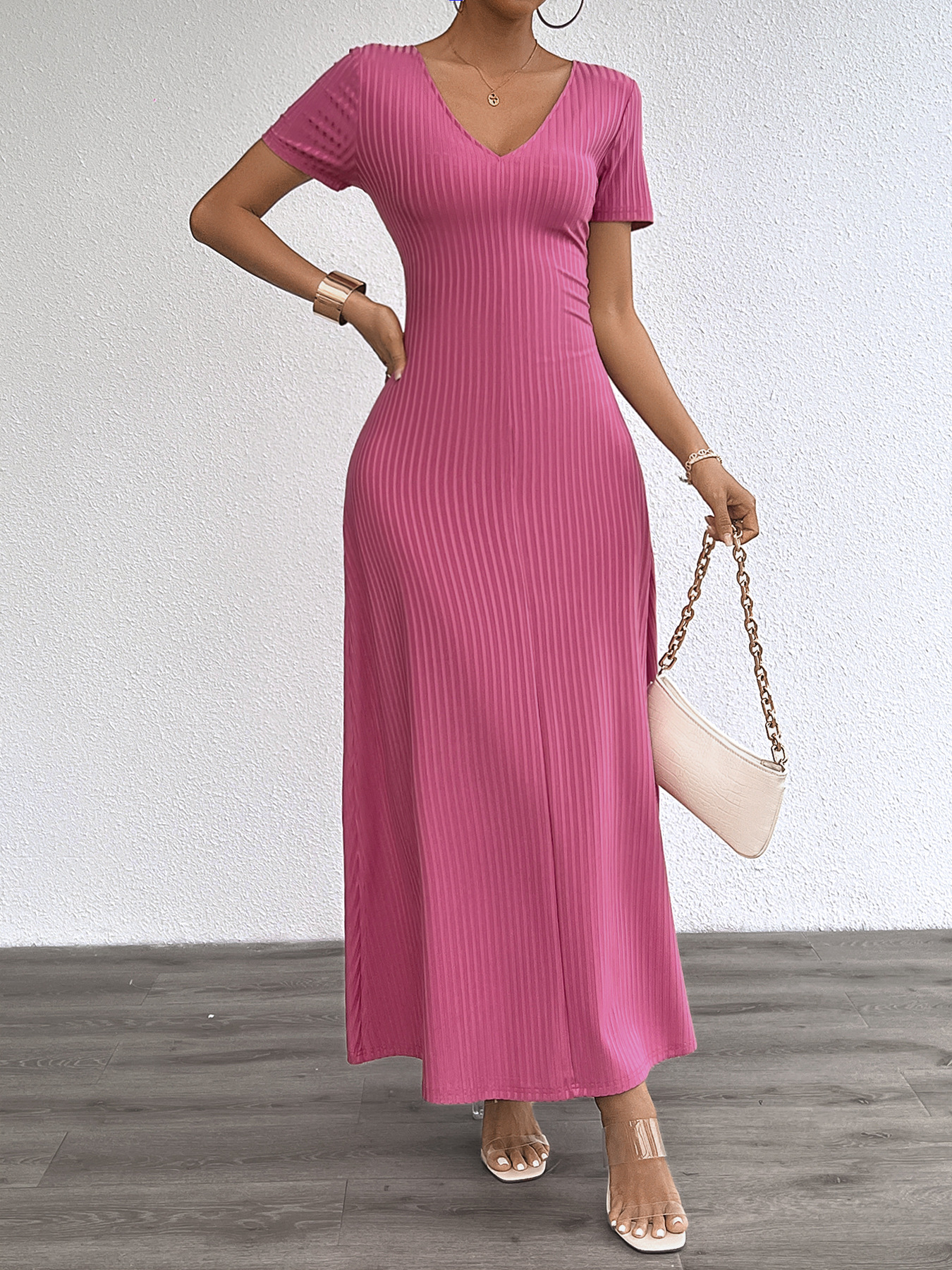 Women’s Plus Size Solid Sexy Deep V-Neck Short Sleeve Long Dress – Summer New Arrival Bestseller