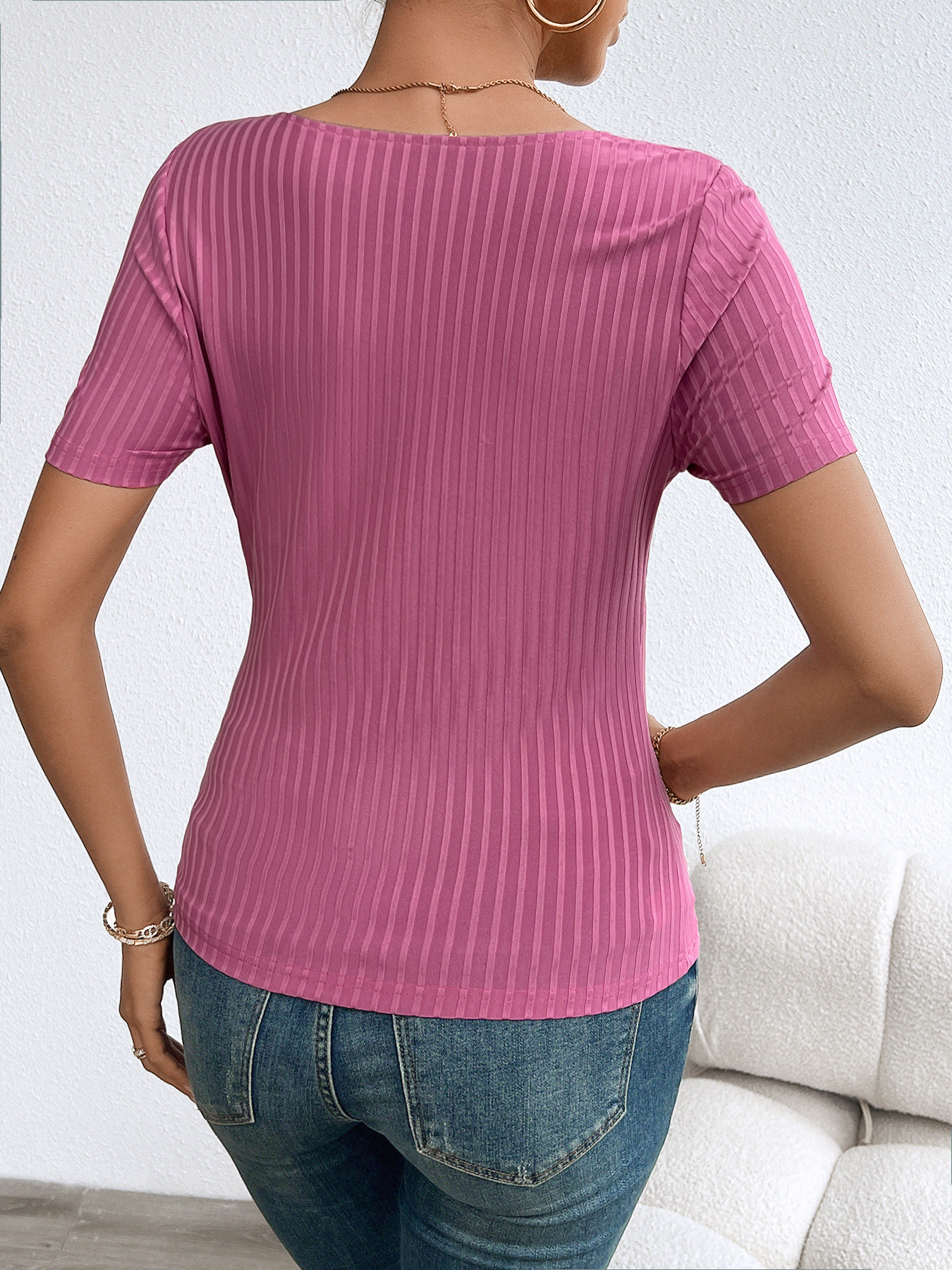 Summer Solid V-Neck Slim-Fit Short Sleeve T-Shirt