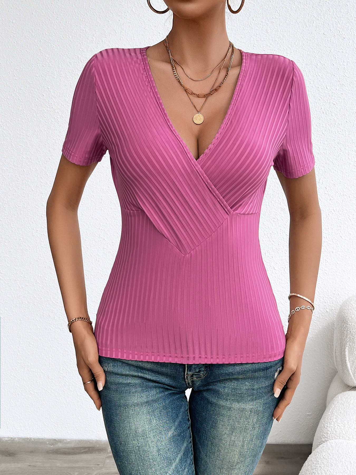Women’s Spring/Summer Elegant Ribbed Pullover Long Sleeve V-Neck Slim-Fit T-Shirt