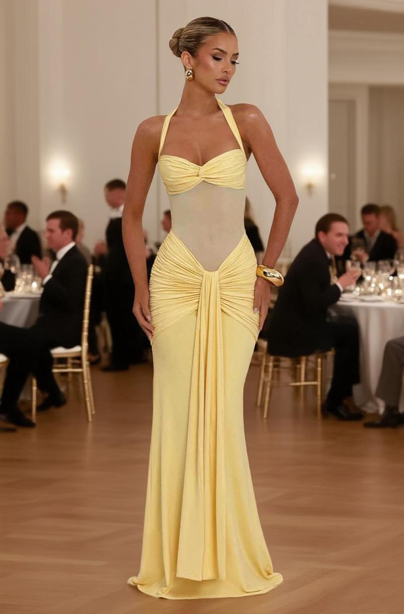 Women’s Halter Tie Mesh Patchwork Streamer Maxi Dress – European & American Style