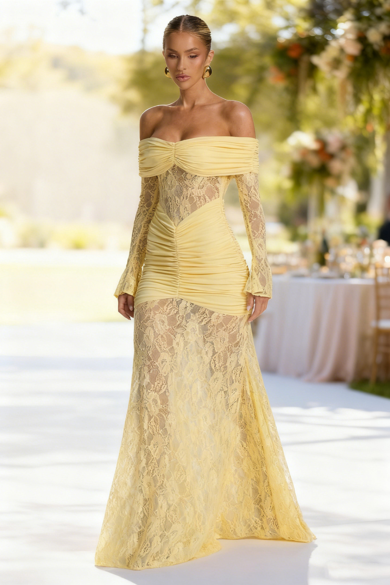 Women’s Elegant Lace Off-Shoulder Long Sleeve Backless Slim-Fit Maxi Dress – Fashion Sexy Style