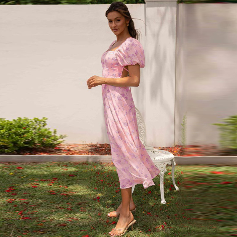 Women’s New Arrival Backless Hot Girl Spring Puff Sleeve Floral Dress – Slimming Light Luxury