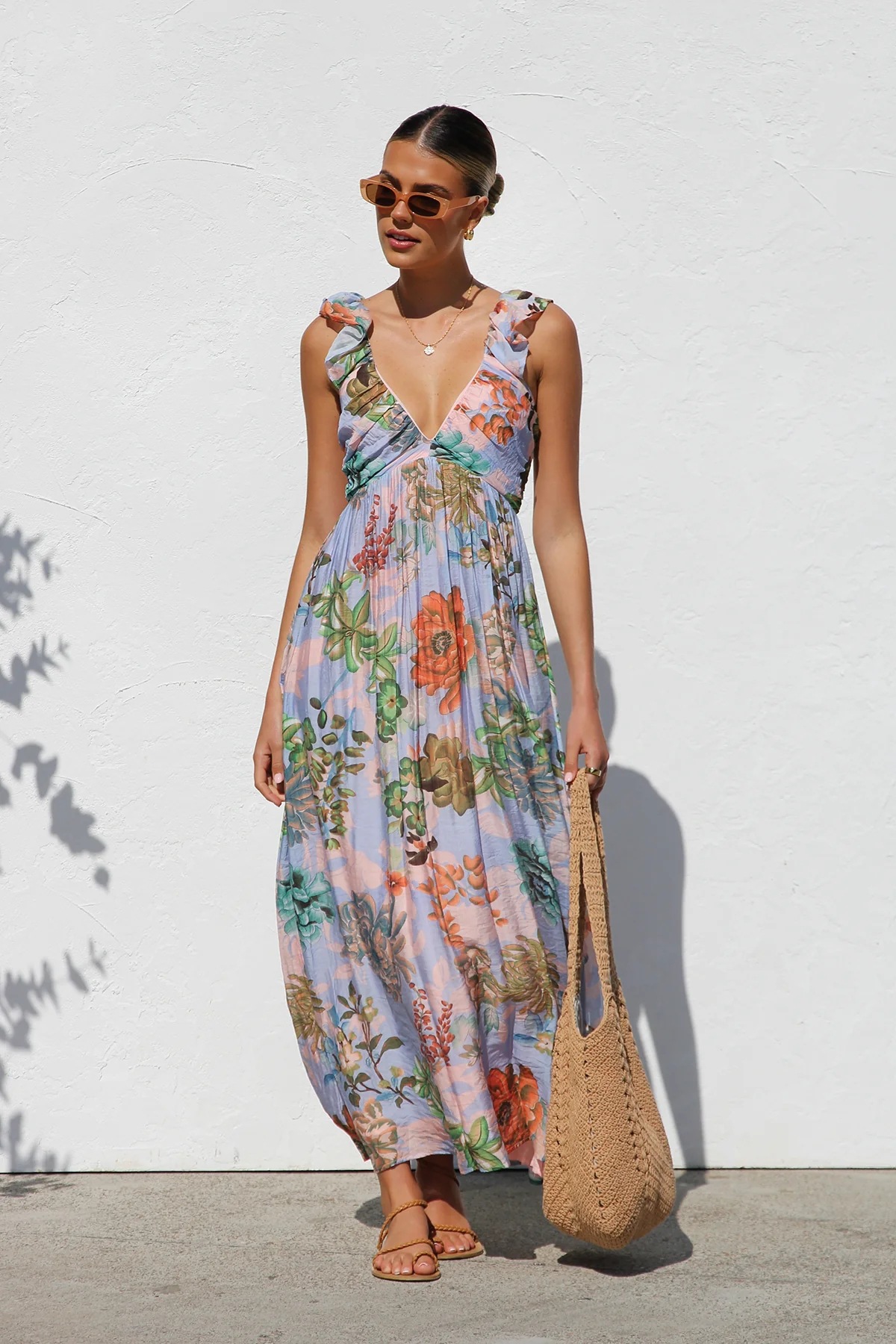 Women’s Summer New Arrival Ins Style Printed V-Neck Flared Camisole Maxi Dress