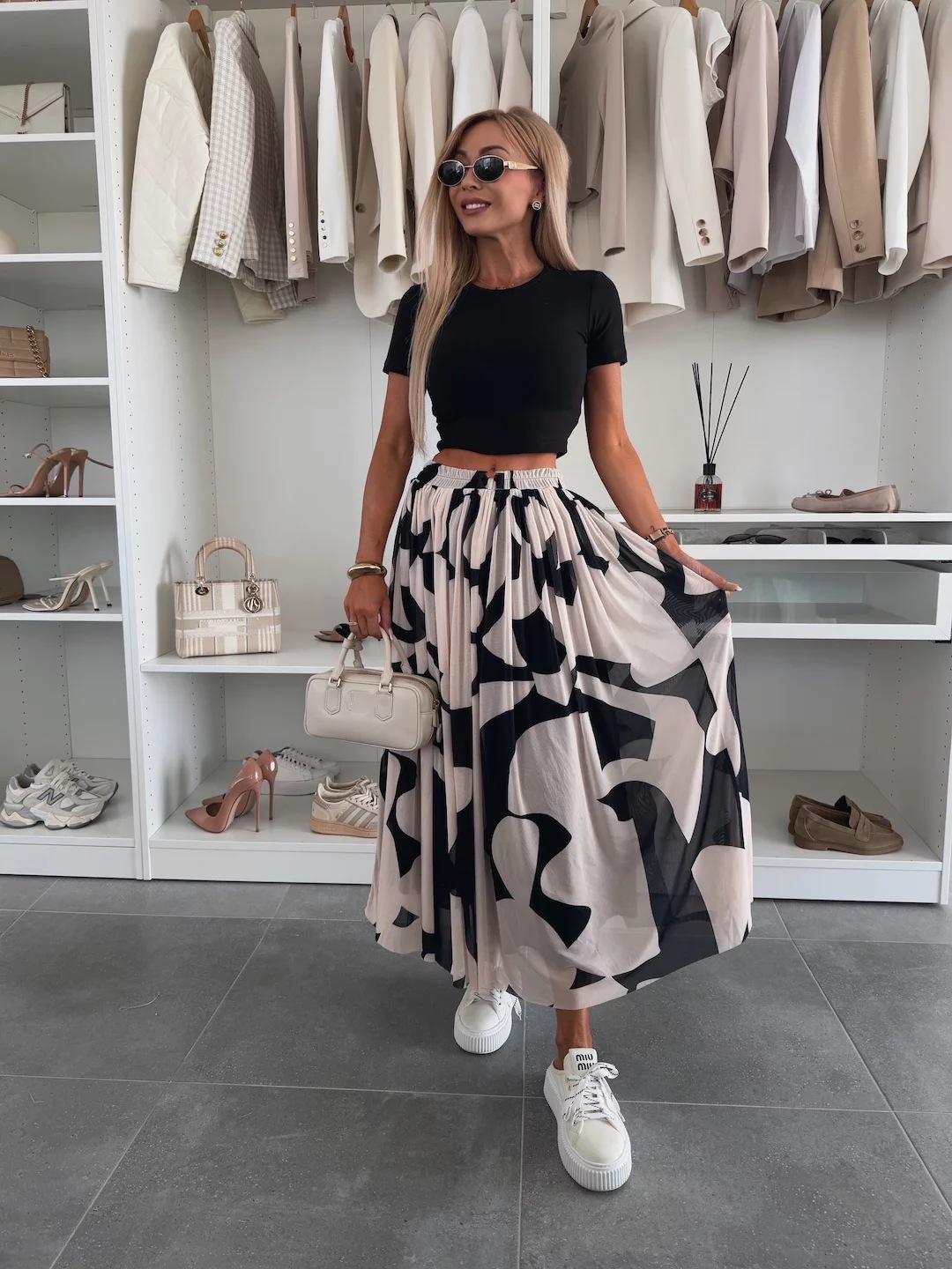 Women’s Mesh Print Waist-Cinching Flared Casual Skirt