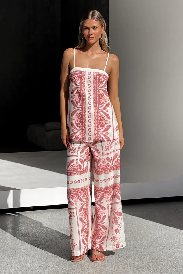 Women’s Placement Print Loose Casual Camisole Top + Wide-Leg Straight Pants Set