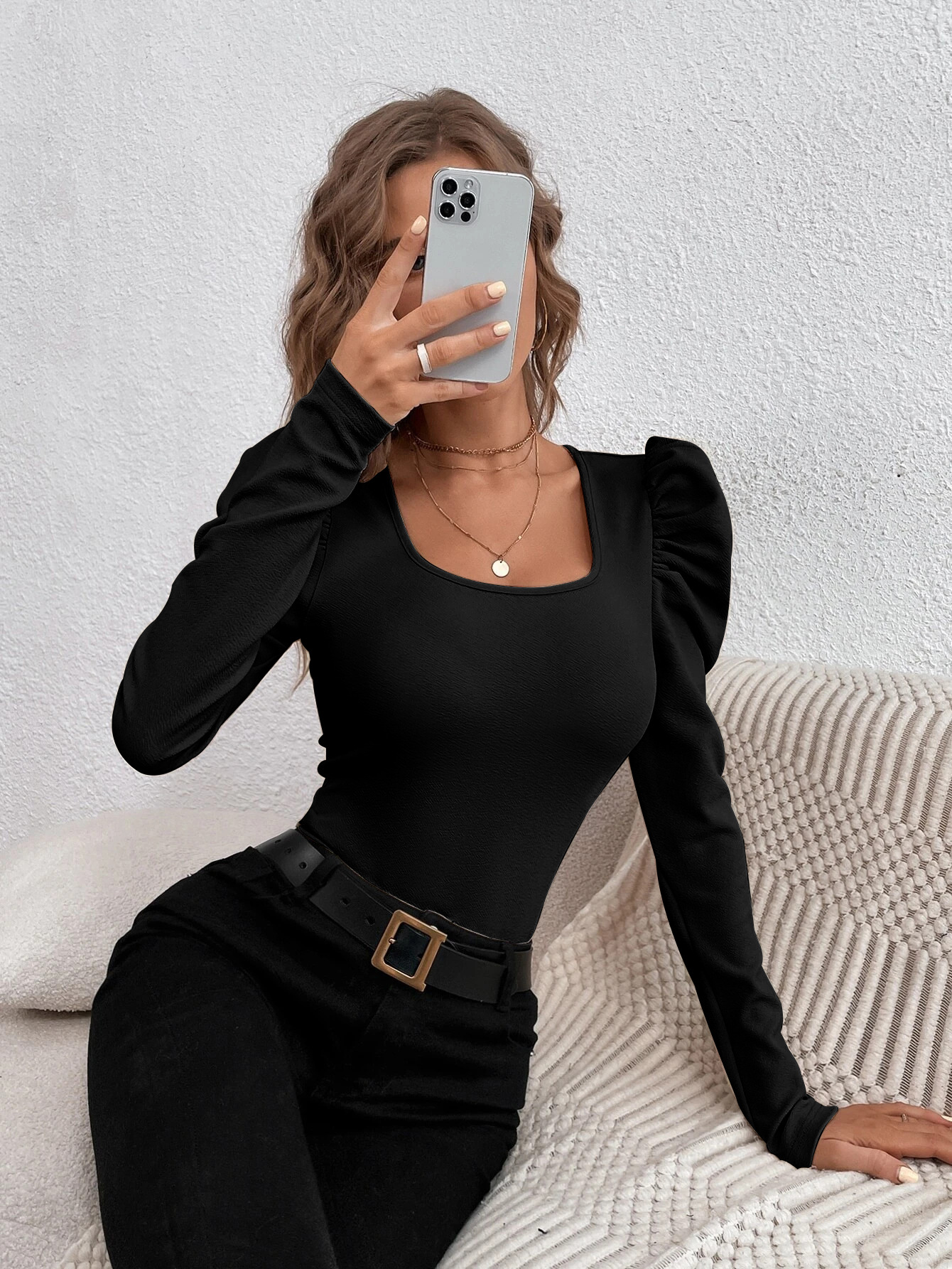 Women’s Fashion Square Neck Slim-Fit Leg-of-Mutton Sleeve Knit Long Sleeve T-Shirt – Commuter Top In Stock