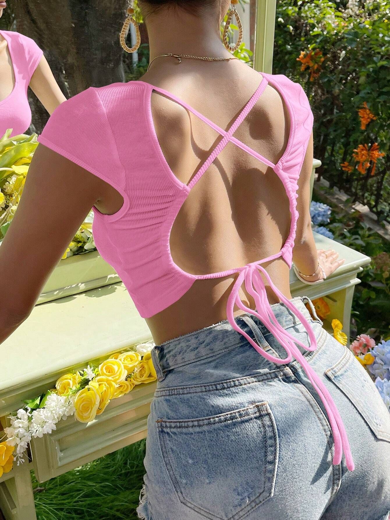 Women’s Spring/Summer 2026 New Arrival – V Back Cropped Sexy Round Neck Short Sleeve T-Shirt