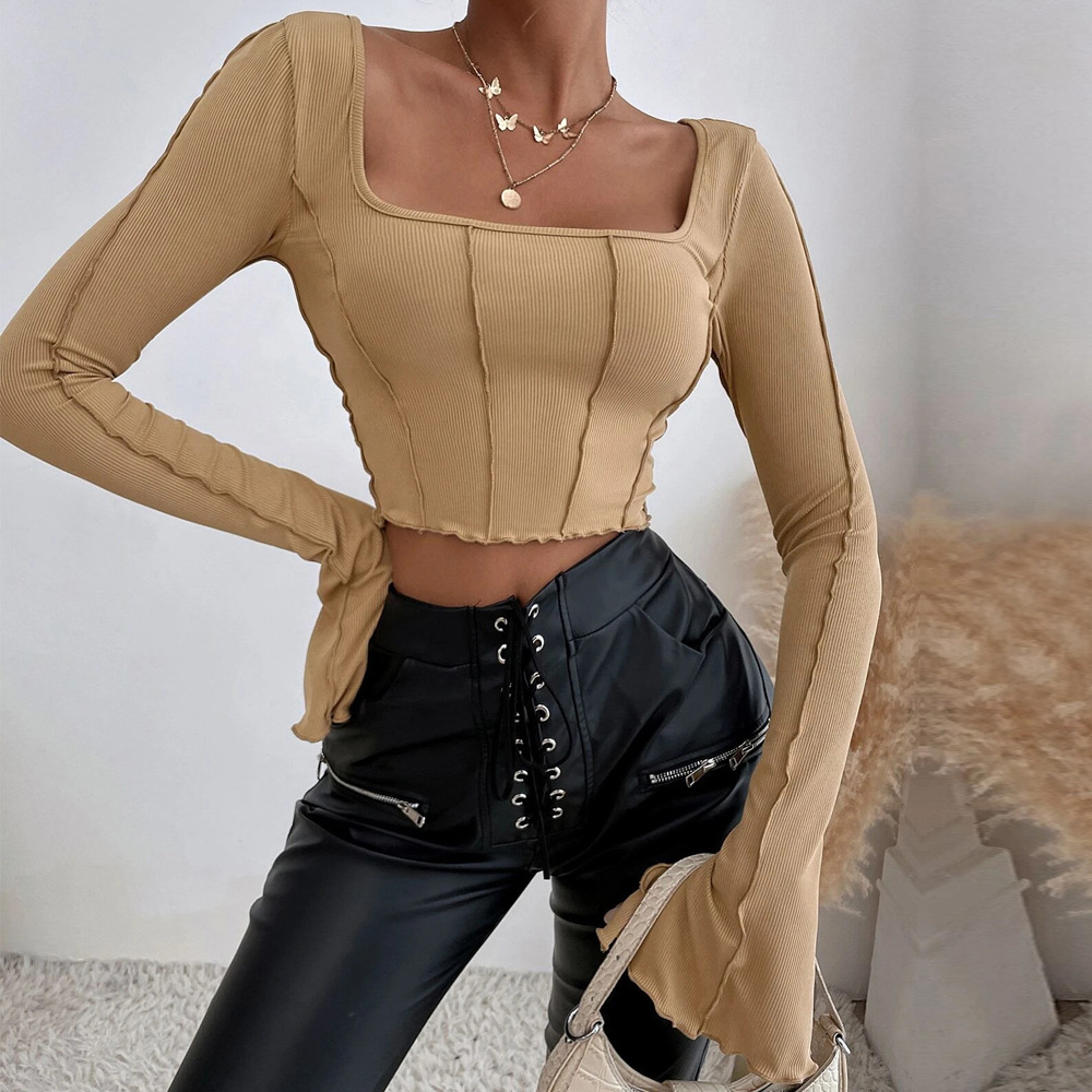 Women’s Spring/Summer 2026 New Arrival Slim-Fit Long Sleeve Square Neck Pullover Knit T-Shirt Top