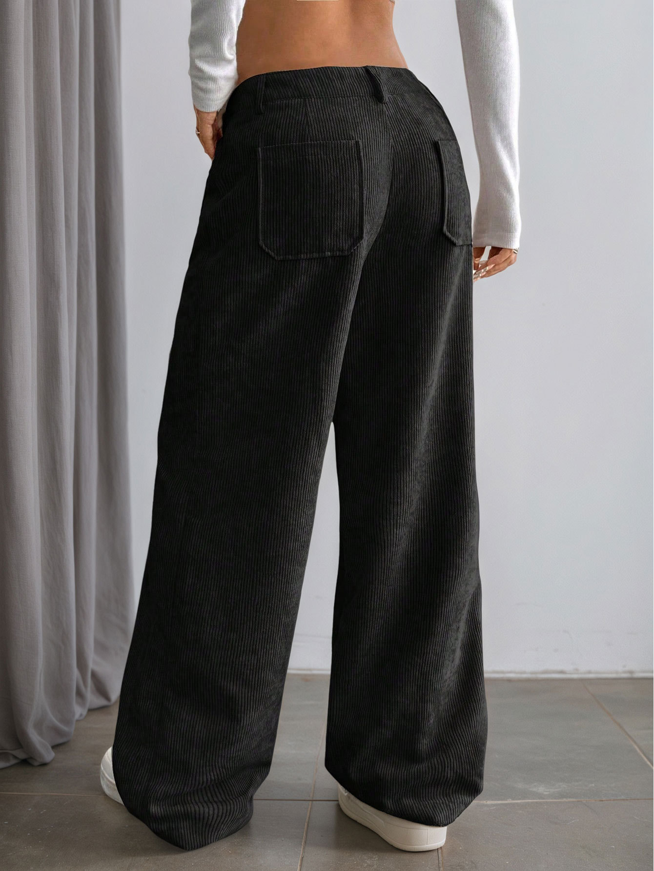 Women’s Corduroy Spring/Summer Dark Brown Vertical Stripe High-Waist Wide-Leg Loose Slimming Casual Pants