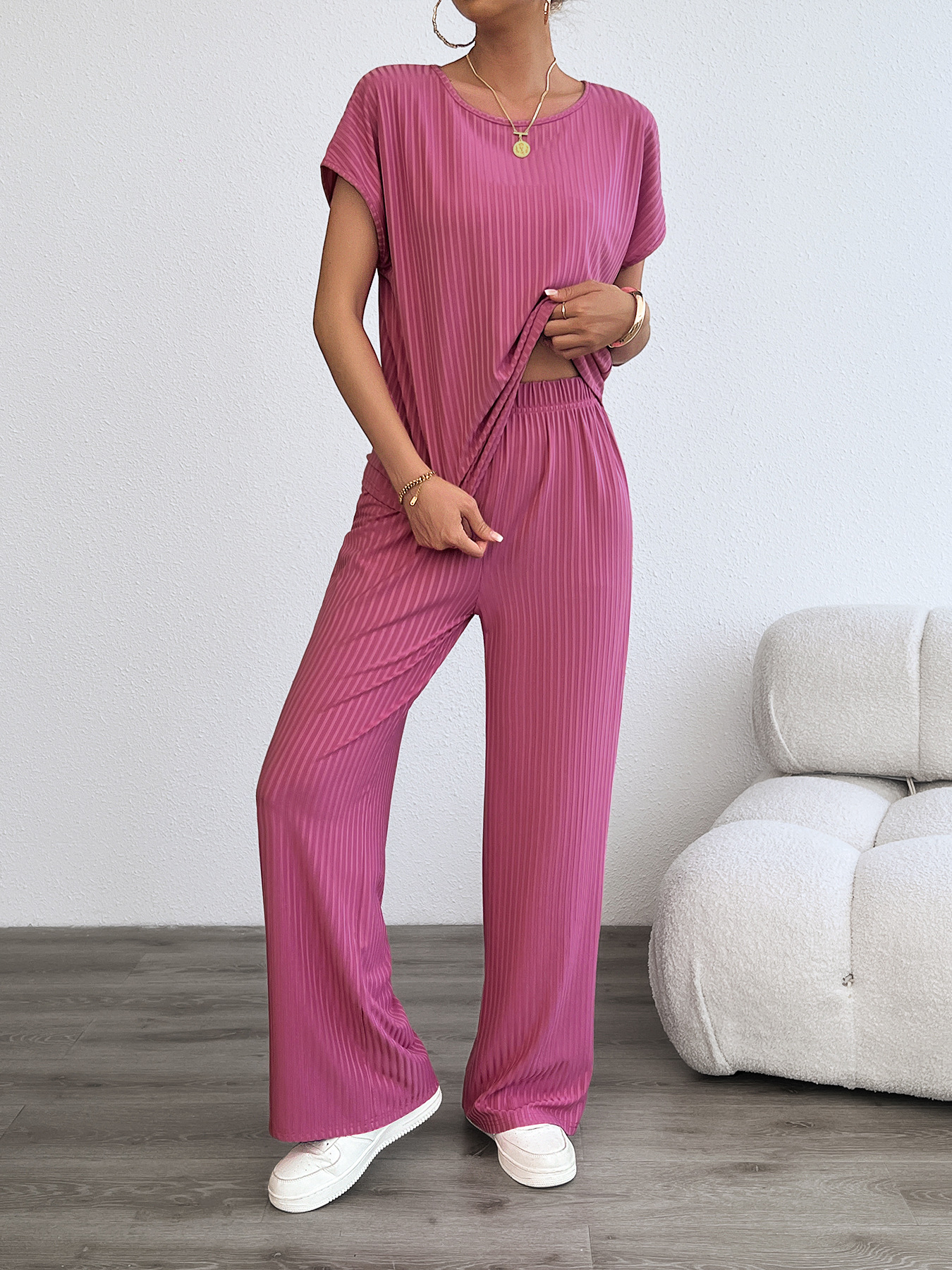 Women’s Summer Casual Fashion Two-Piece Set – Bestseller Ribbed Long Pants Lounge Set with Thousand-Leaf Pleat