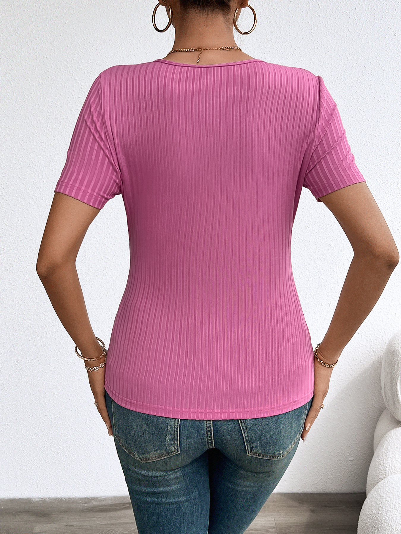 Women’s Spring/Summer Elegant Ribbed Pullover Long Sleeve V-Neck Slim-Fit T-Shirt