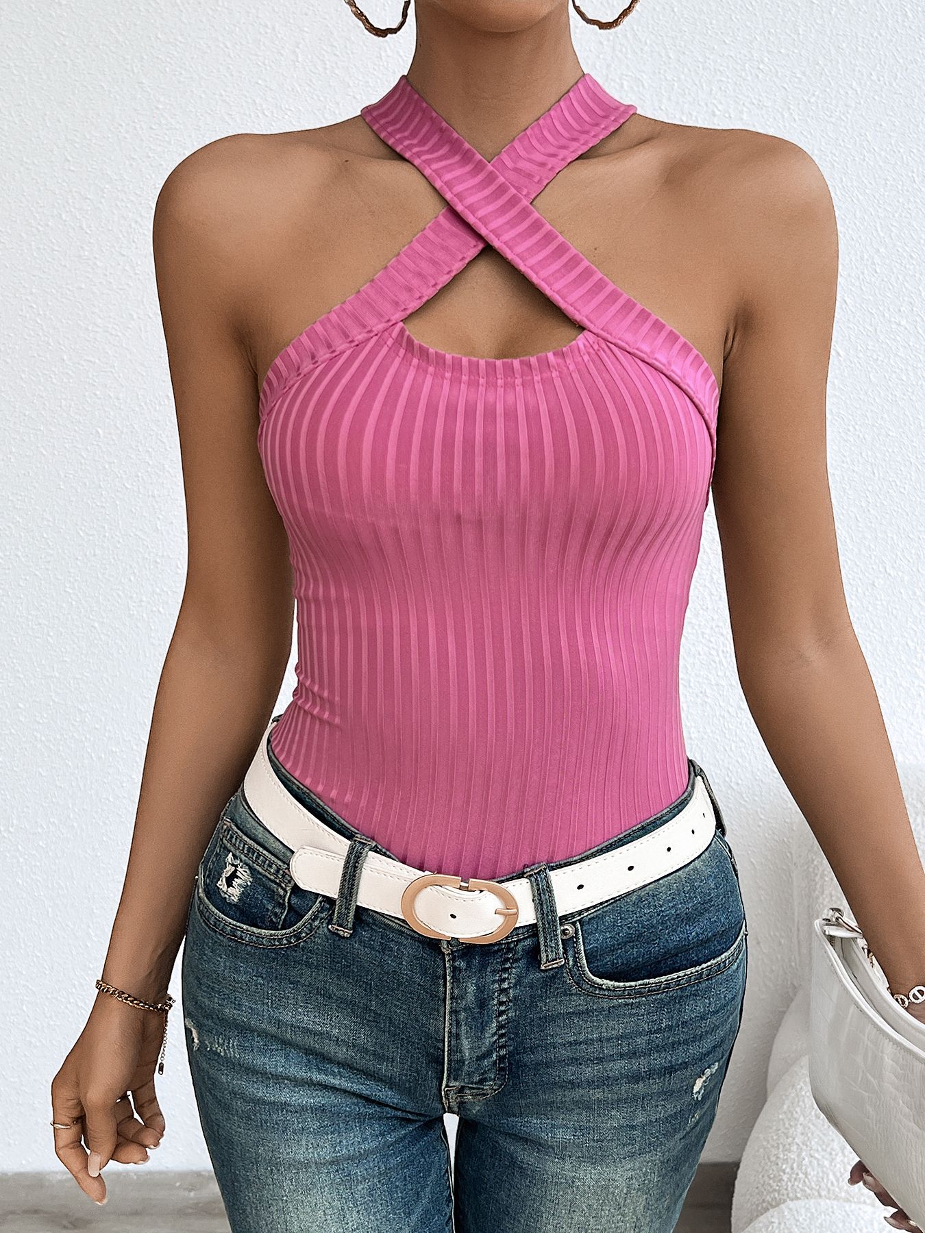 Women’s Halter Sleeveless Sanded Ribbed Knit Top – Fashionable & Versatile