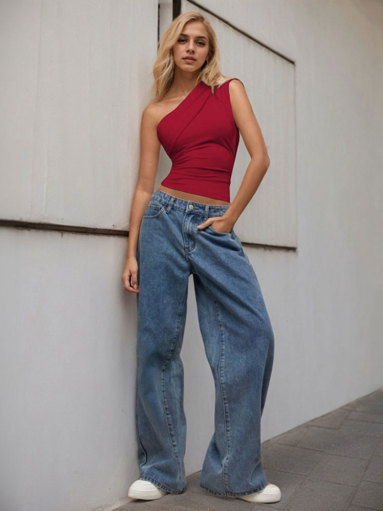 Ins Bestseller Cross-Border Women’s Sexy One-Shoulder T-Shirt – Spring/Summer New Arrival Asymmetric Off-Shoulder Pure & Flirty Top