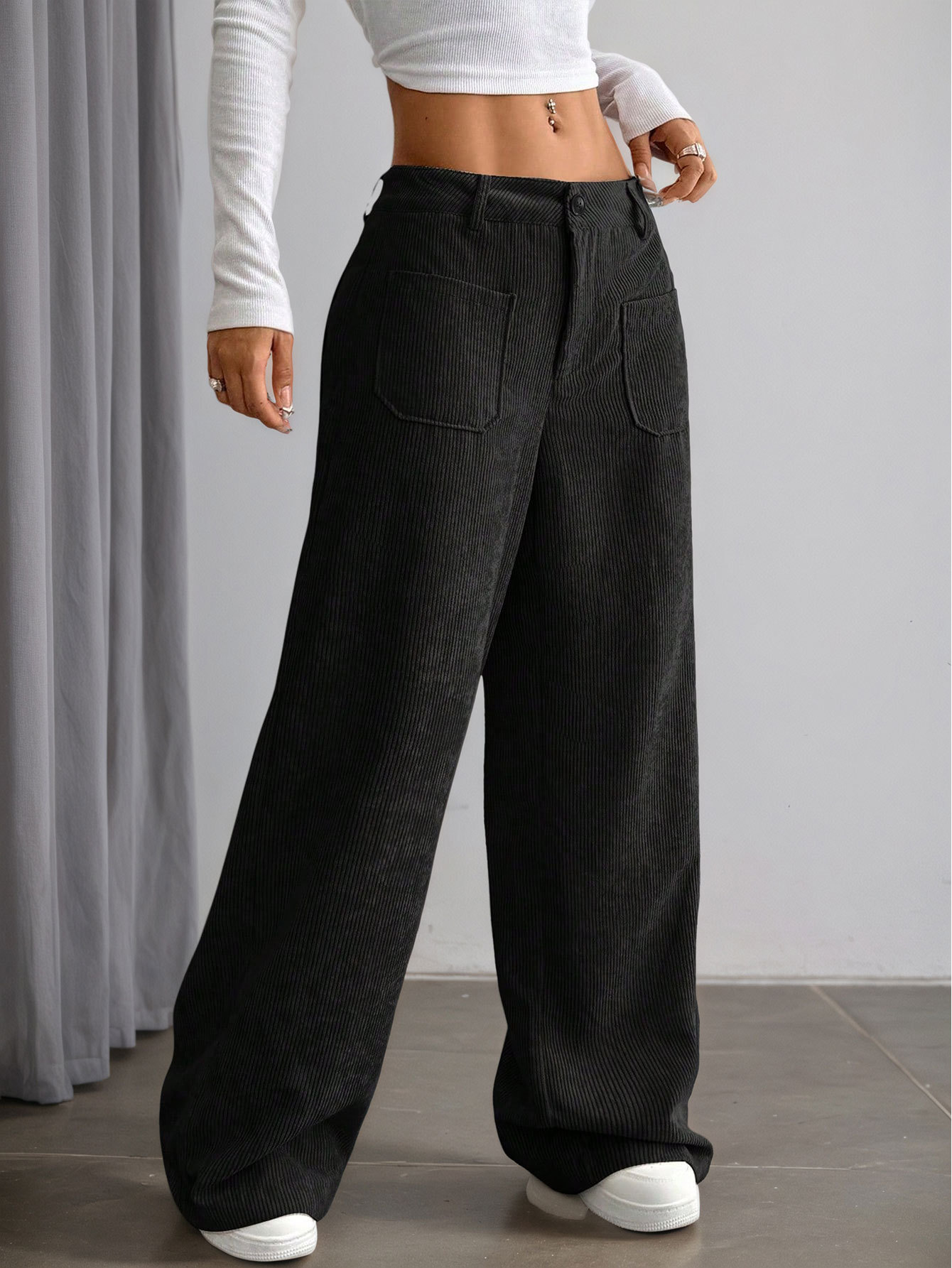 Women’s Corduroy Spring/Summer Dark Brown Vertical Stripe High-Waist Wide-Leg Loose Slimming Casual Pants