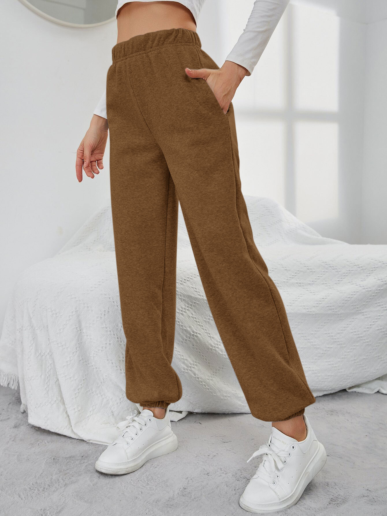 Women’s 2026 Minimalist Straight-Leg Casual Pants – Spring/Summer Pocket Design High-Waist Sport Fleece-Lined Long Pants