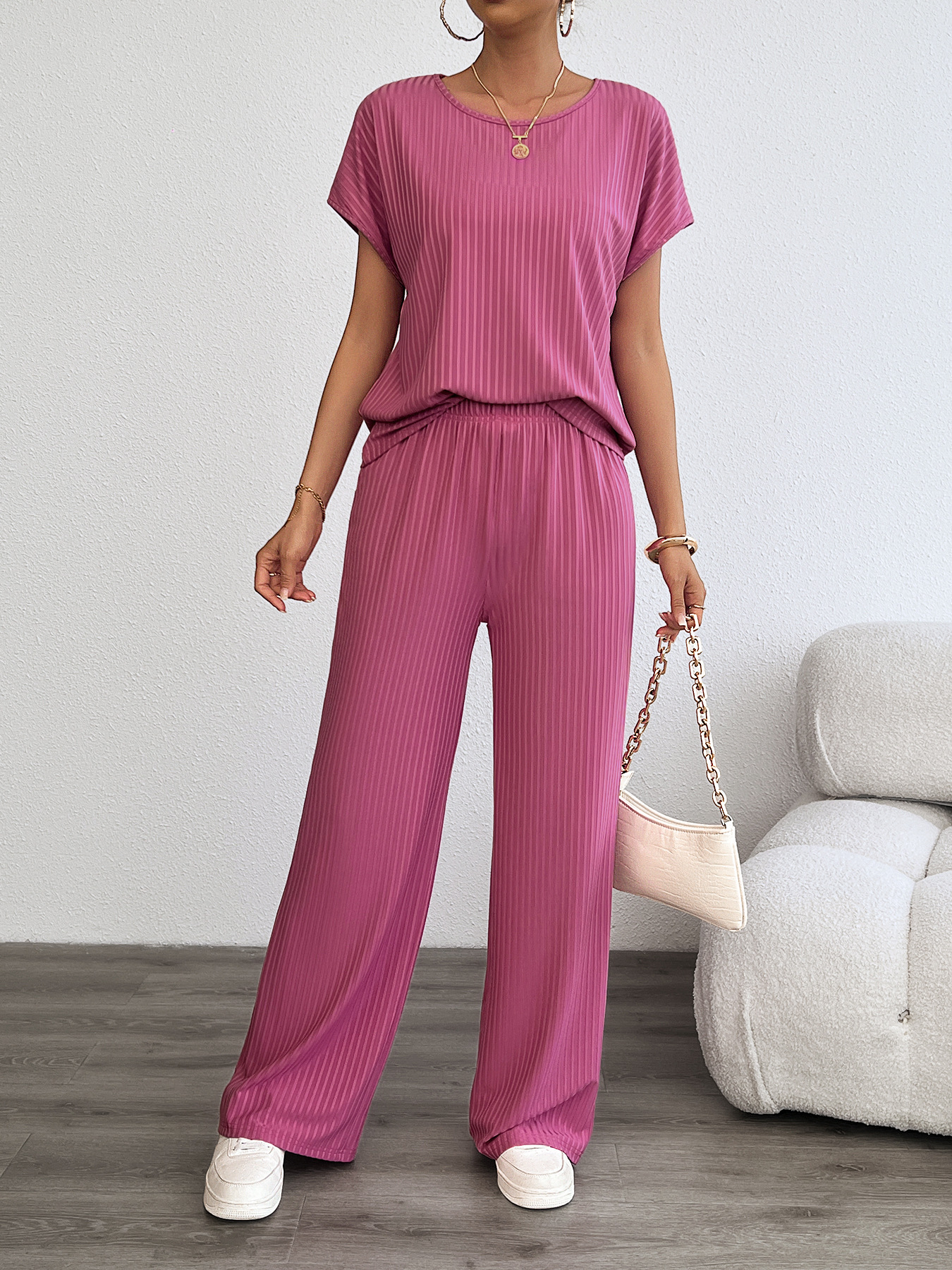 Women’s Summer Casual Fashion Two-Piece Set – Bestseller Ribbed Long Pants Lounge Set with Thousand-Leaf Pleat