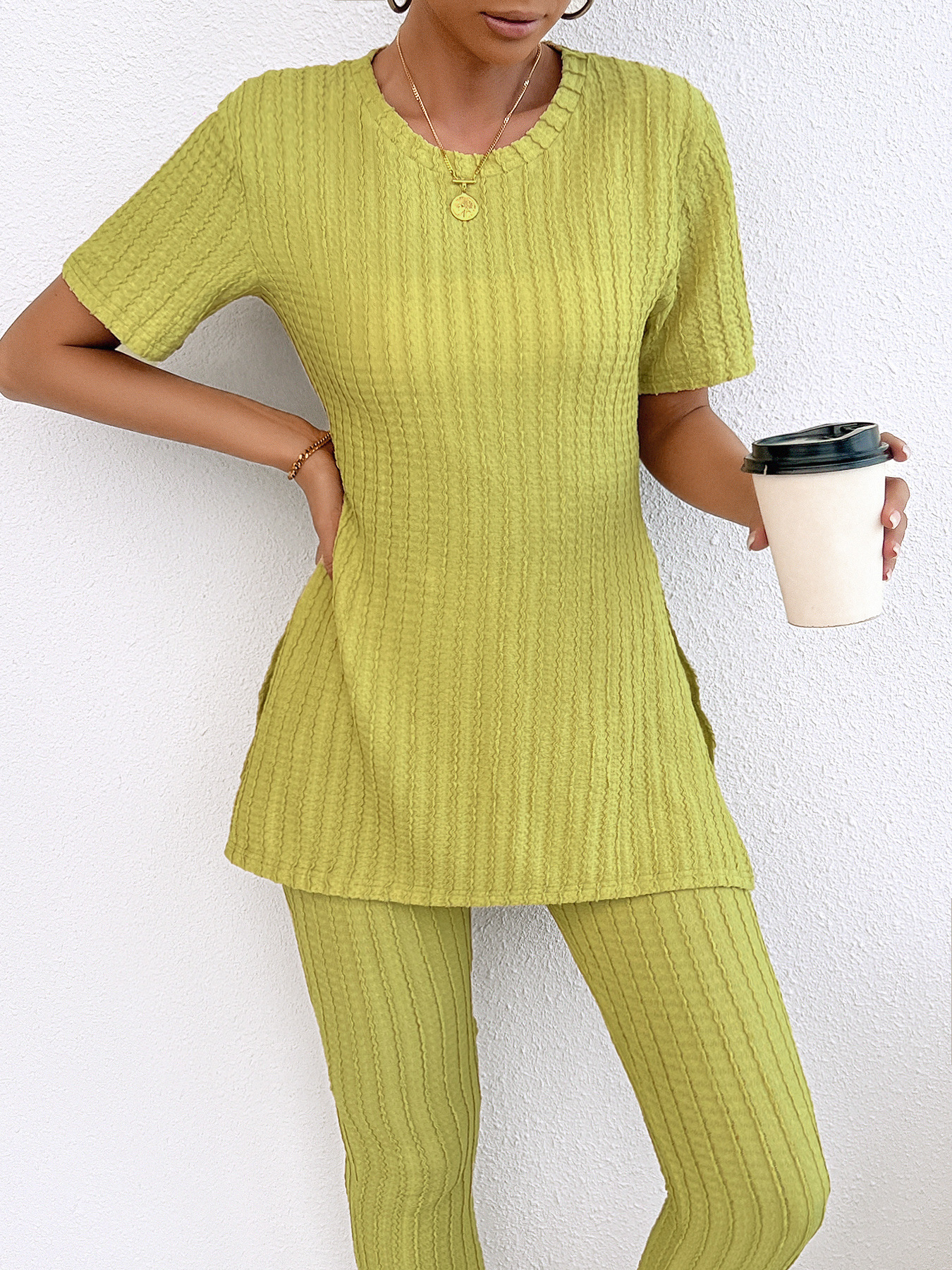 Women’s Solid Ribbed Long Sleeve Set – Spring/Summer Fashion Casual Versatile Elegant Slim-Fit