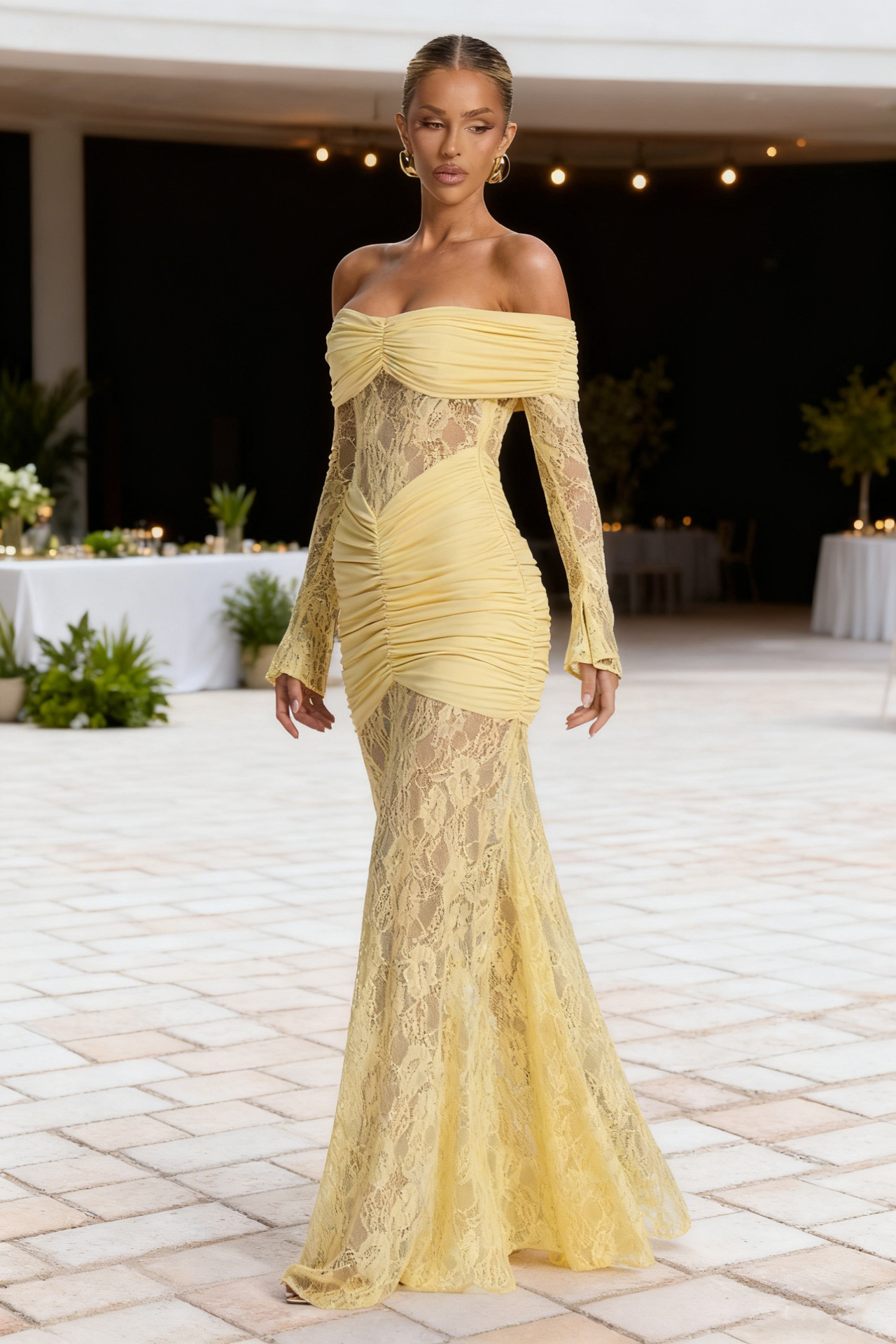 Women’s Elegant Lace Off-Shoulder Long Sleeve Backless Slim-Fit Maxi Dress – Fashion Sexy Style